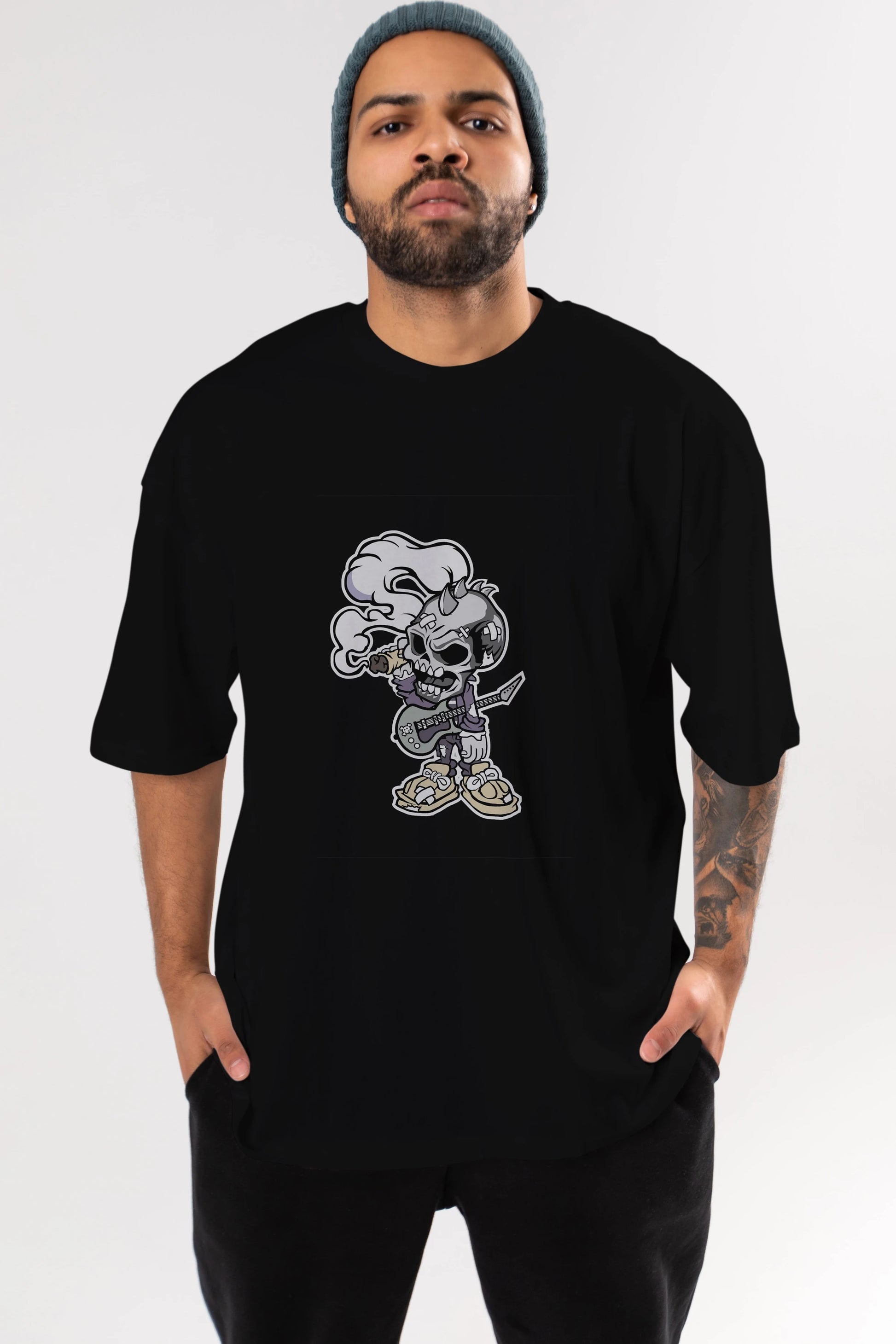 Skull Smoker Punk Rocker Ön Baskılı Oversize t-shirt Erkek Kadın Unisex %100 Pamuk tişort