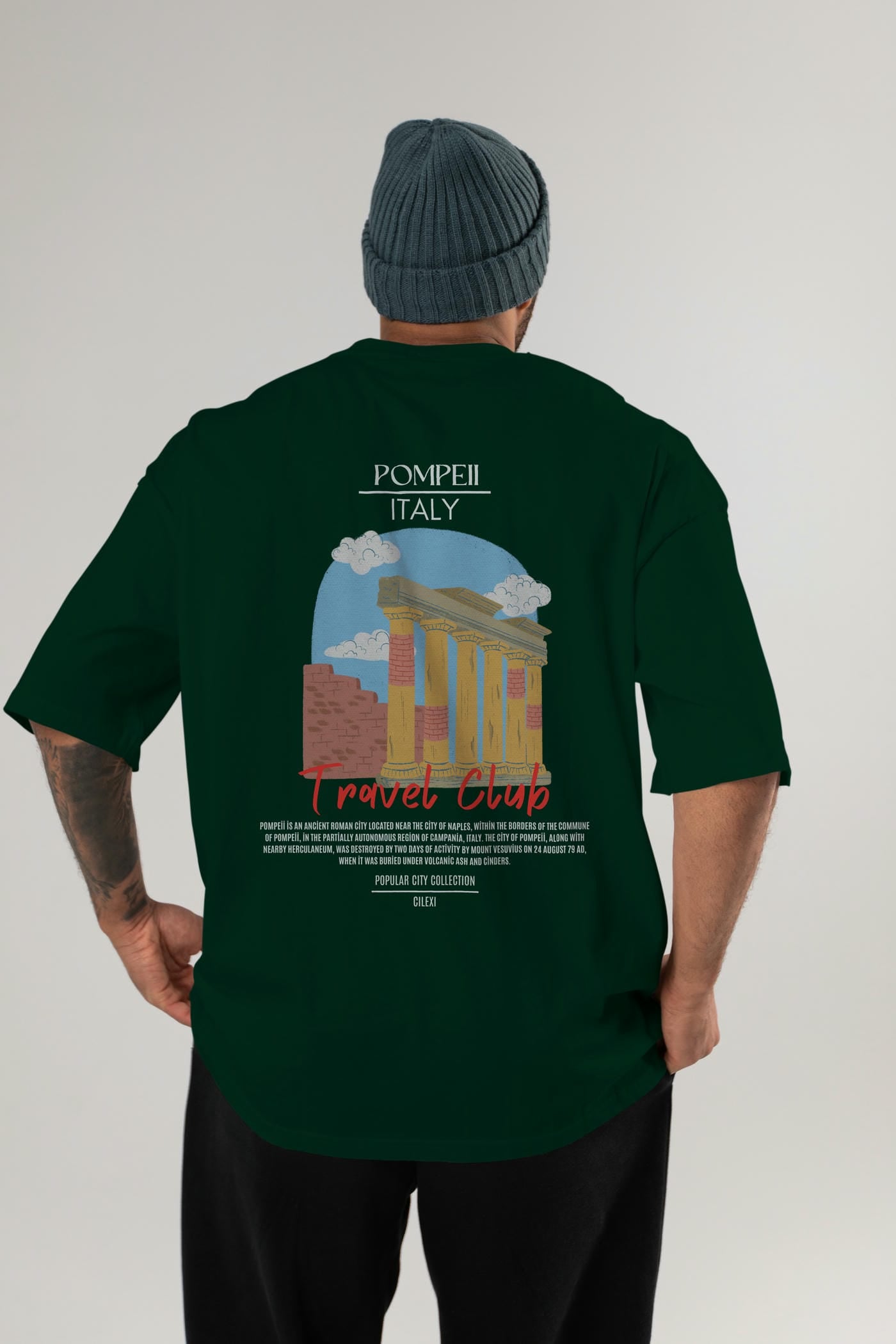 Pompeii İtaly Arka Baskılı Oversize t-shirt Erkek Kadın Pamuk Bisiklet Yaka tişort