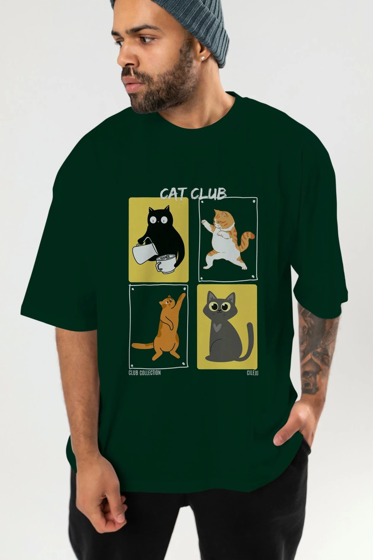 Cat Club ön Baskılı Oversize t-shirt Erkek Kadın %100 Pamuk Bisiklet Yaka tişort