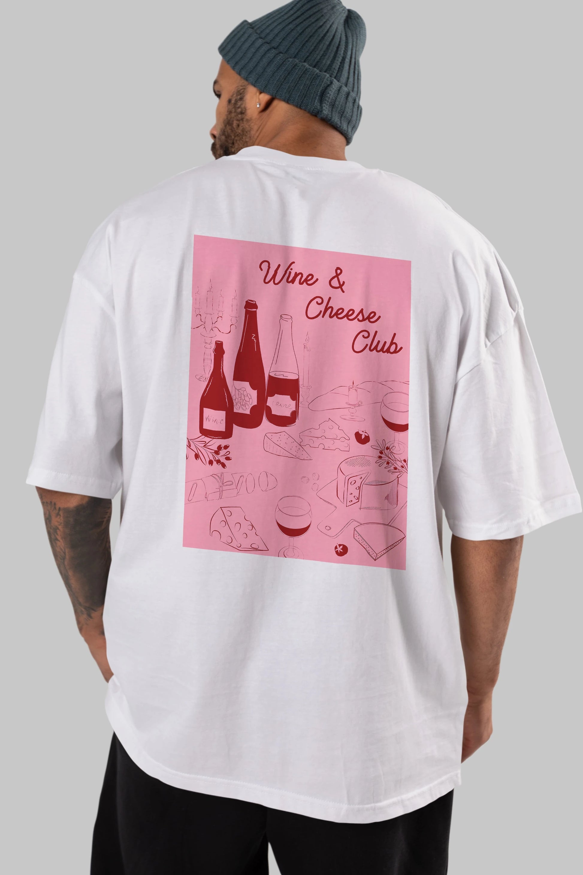 Wine Cheese Club Arka Baskılı Oversize t-shirt Erkek Kadın Unisex %100 Pamuk Bisiklet Yaka tişort