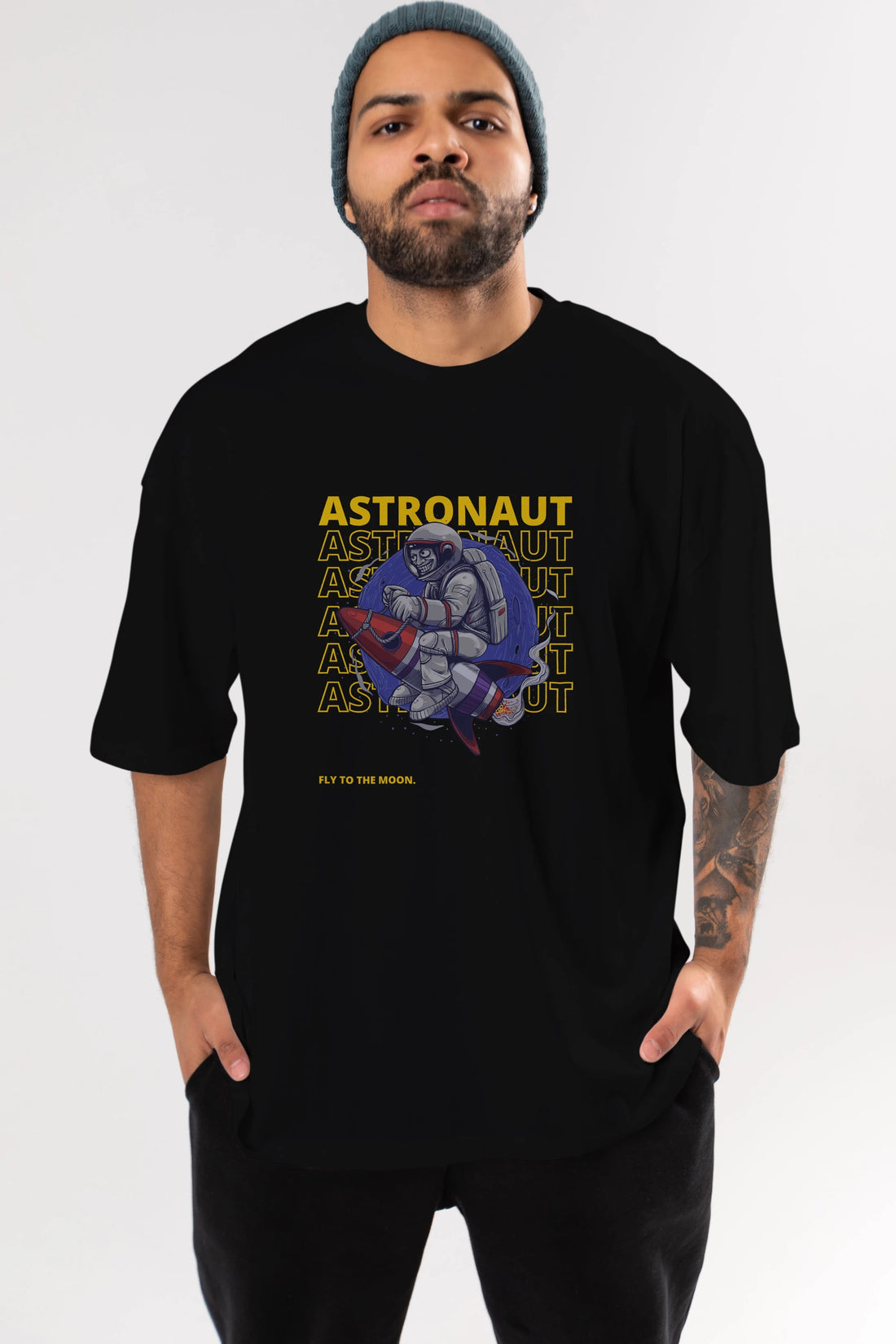 Astronaut Fly to the Moon Yazılı Ön Baskılı Oversize t-shirt Erkek Kadın Unisex