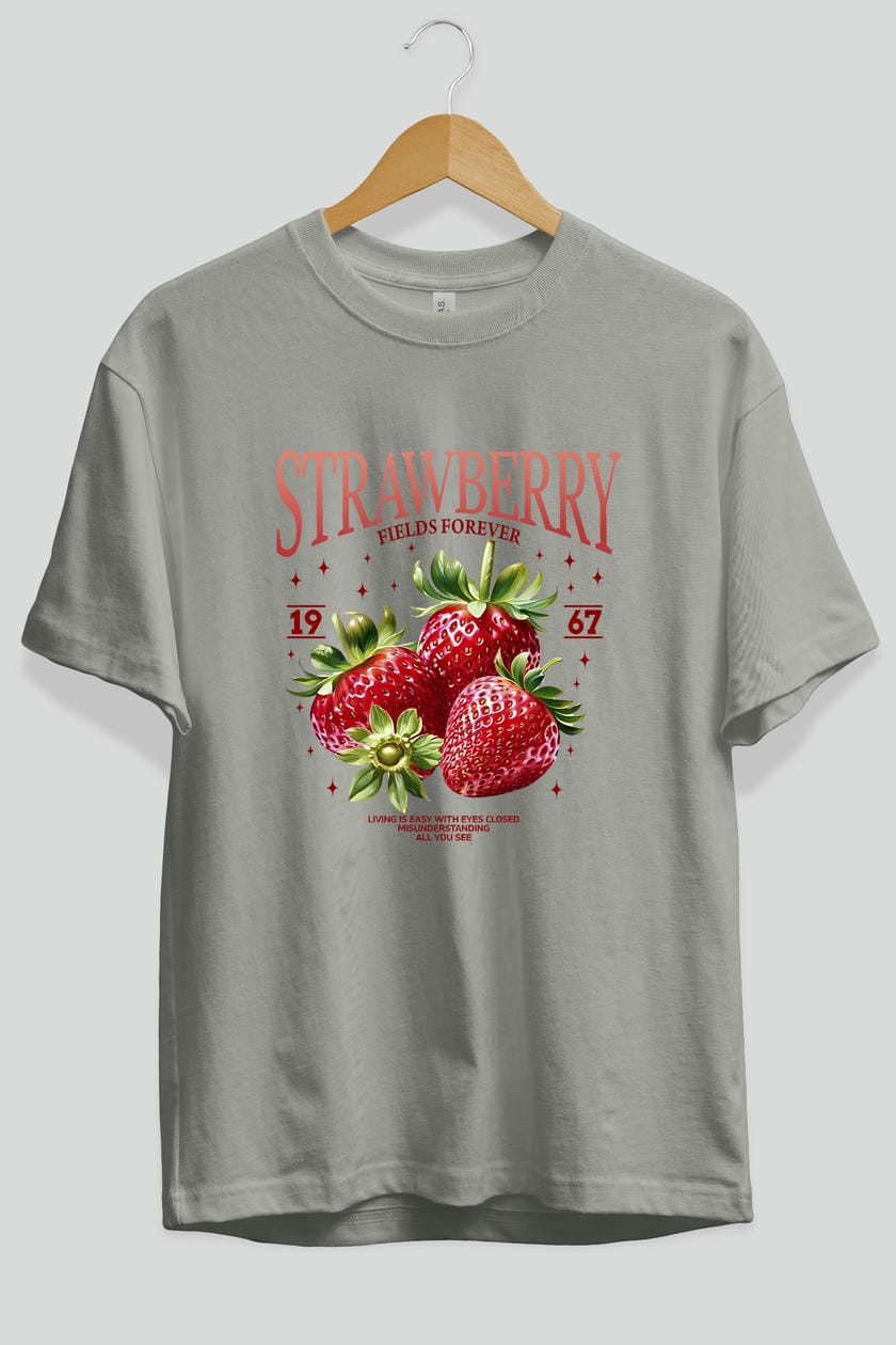 Strawberry Ön Baskılı Oversize t-shirt Erkek Kadın Pamuk Bisiklet Yaka tişort