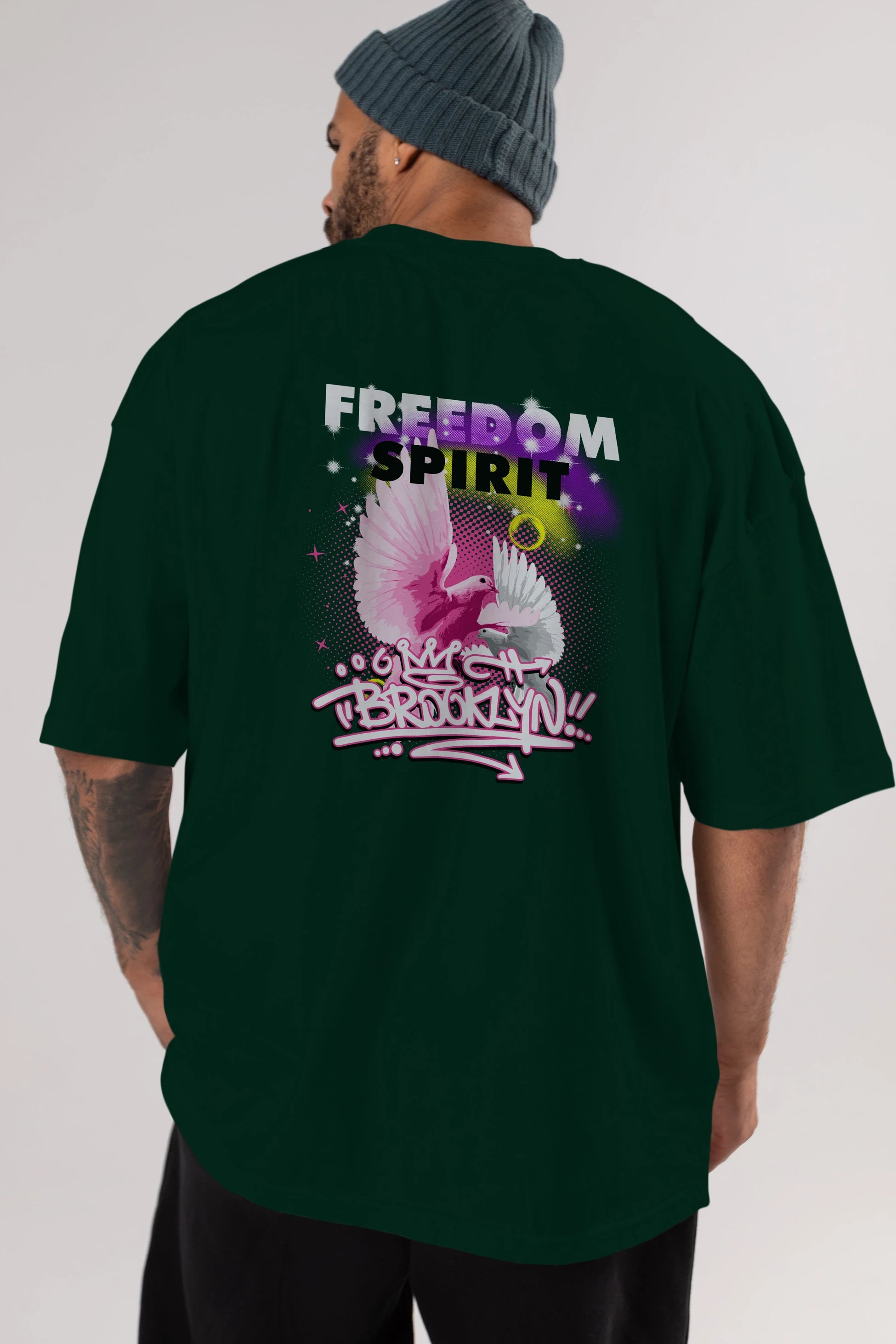 Freedom Spirit Brooklyn Arka Baskılı Oversize t-shirt Erkek Kadın Unisex