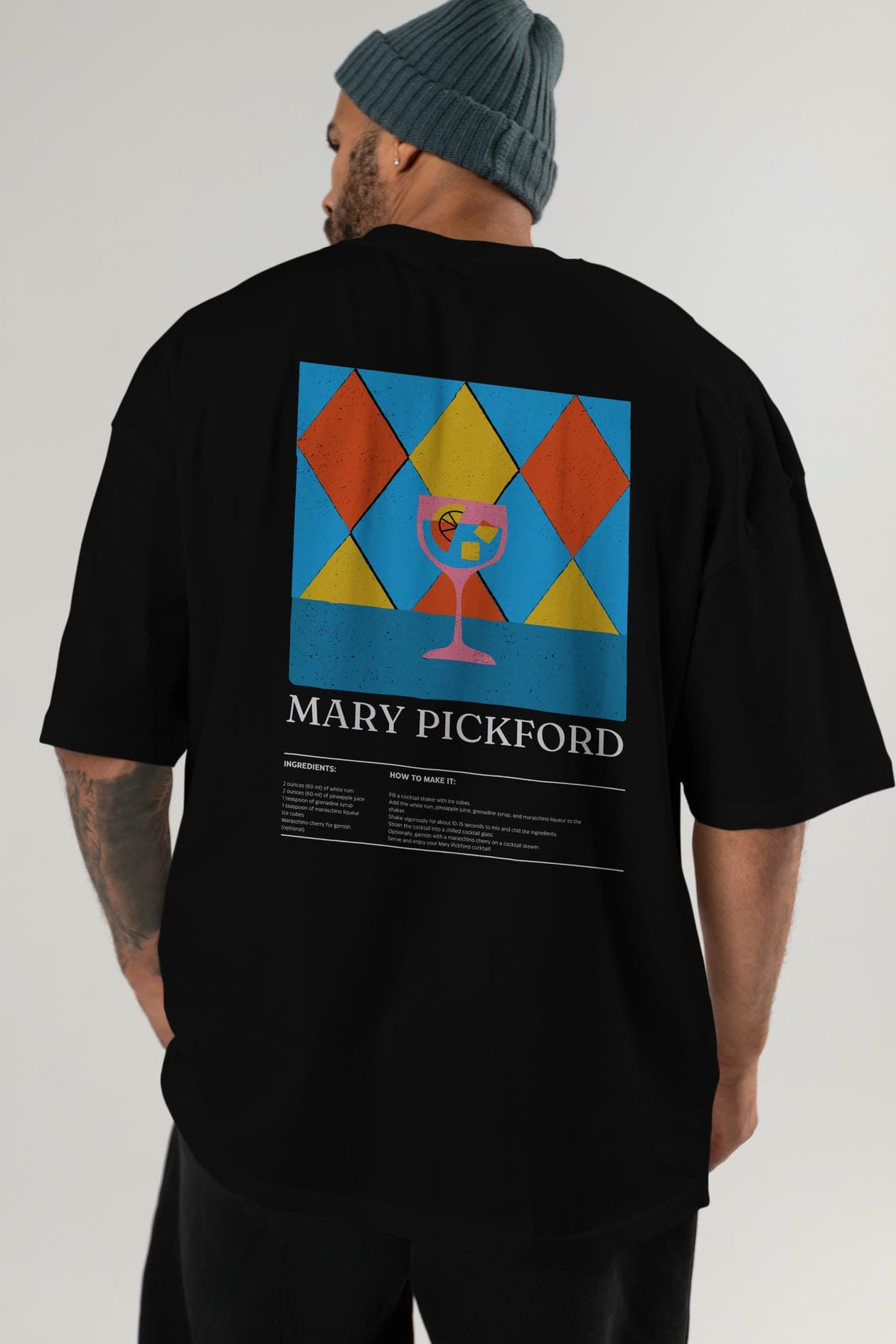 Mary Pickford Kokteyl Serisi Arka Baskılı Oversize t-shirt Erkek Kadın %100 Pamuk Bisiklet Yaka tişort