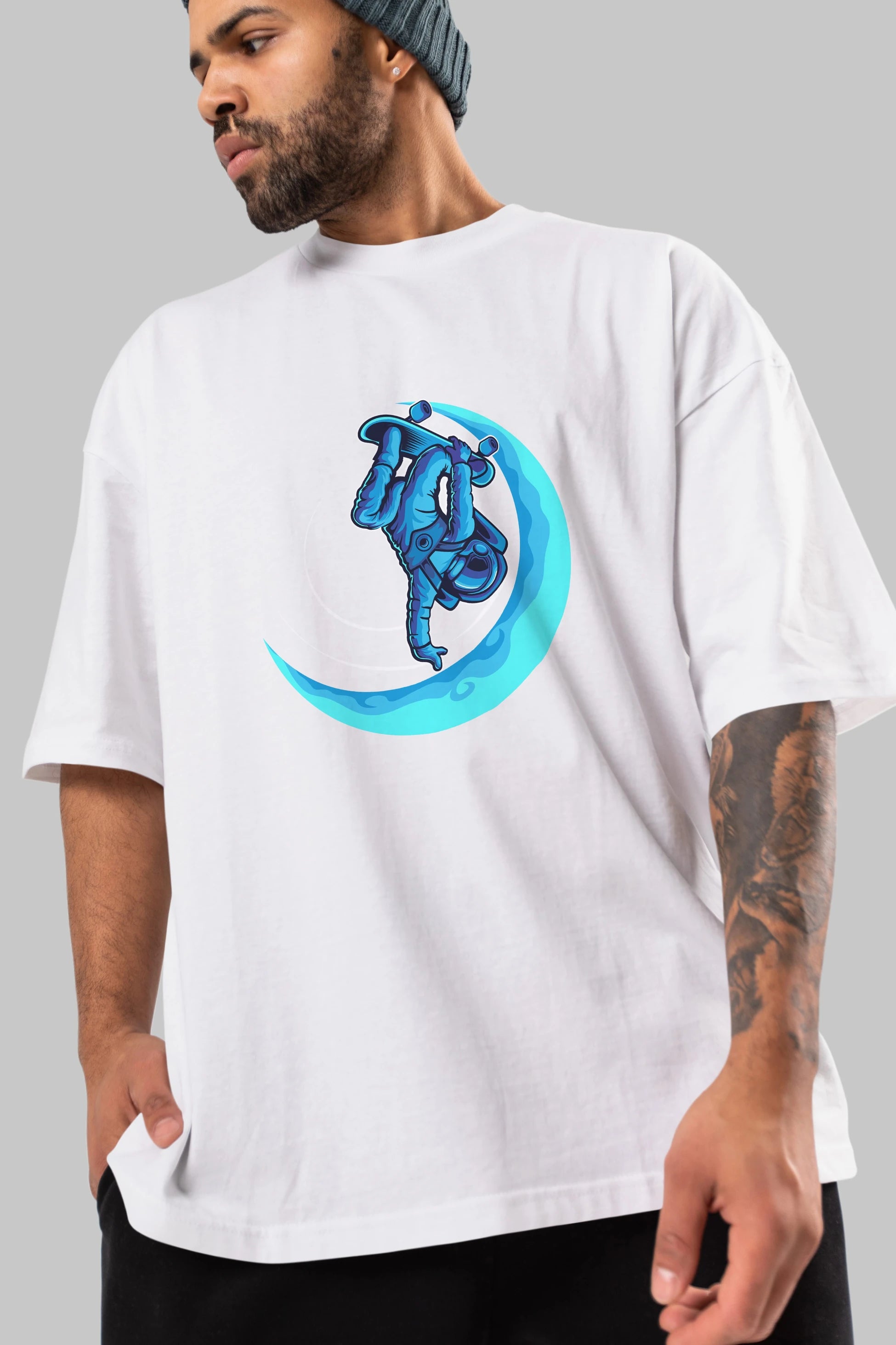Skating on the moon Ön Baskılı Oversize t-shirt Erkek Kadın Unisex
