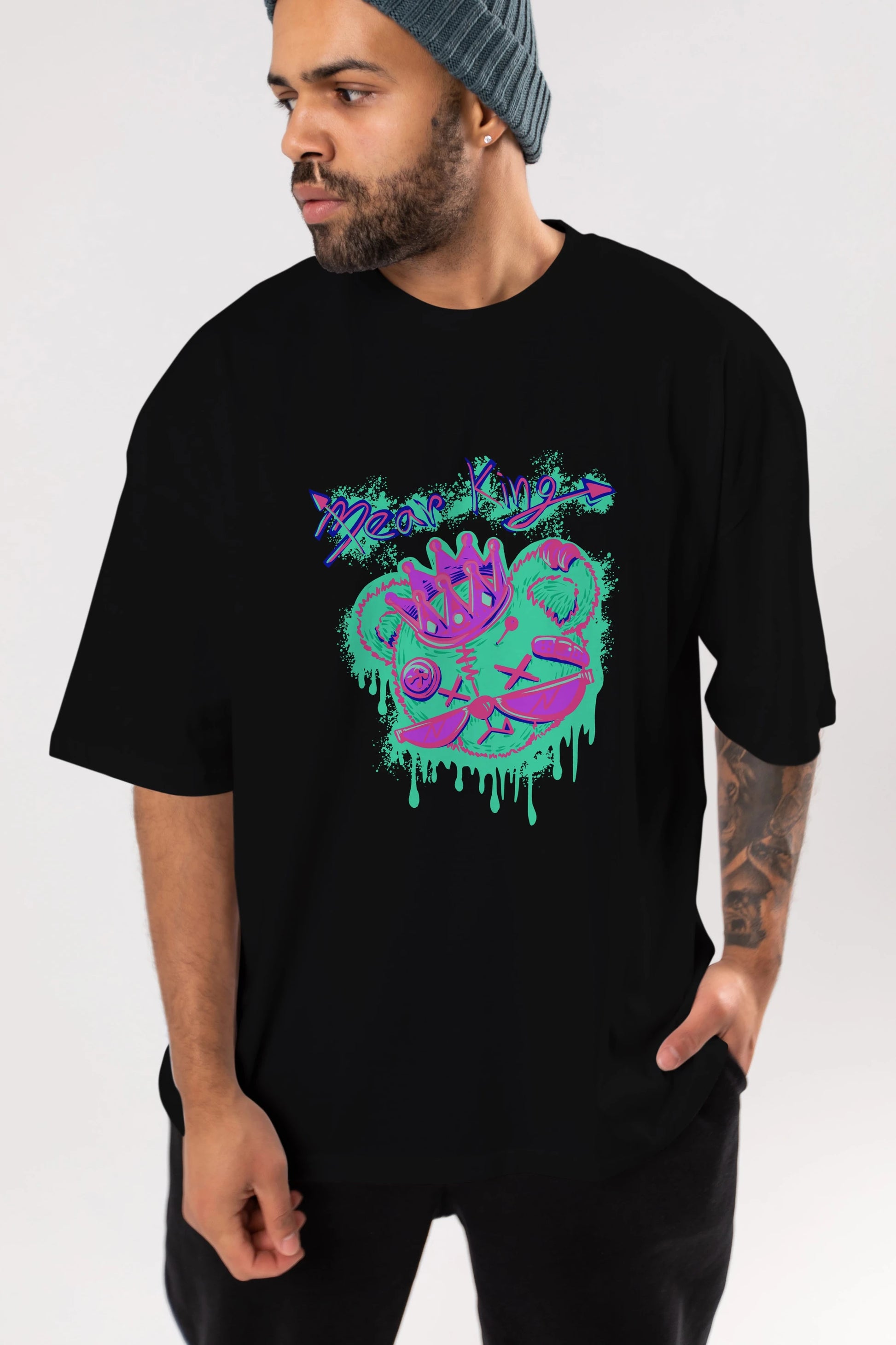 Bear King Ön Baskılı Oversize t-shirt Erkek Kadın Unisex