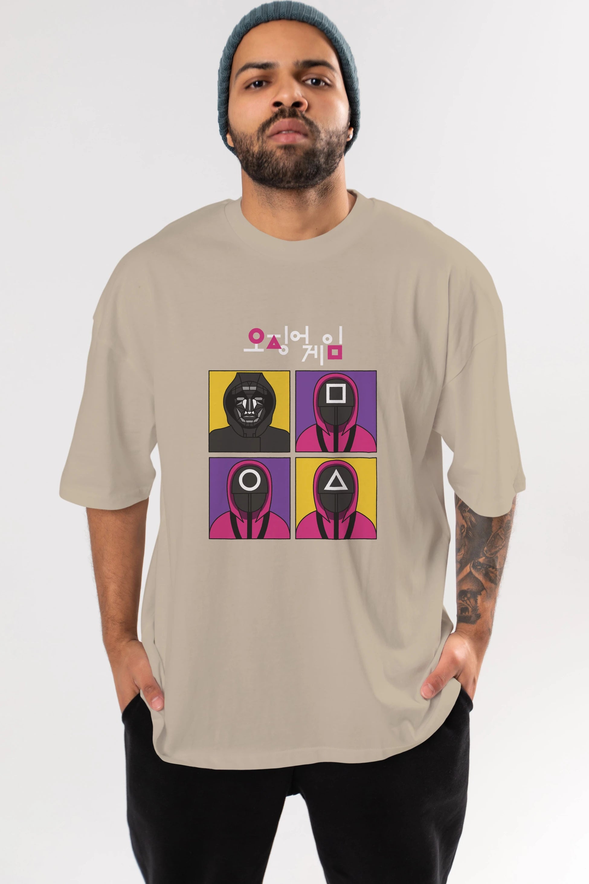 Squid Game (1) Ön Baskılı Oversize t-shirt Erkek Kadın Unisex %100 Pamuk Bisiklet Yaka tişort