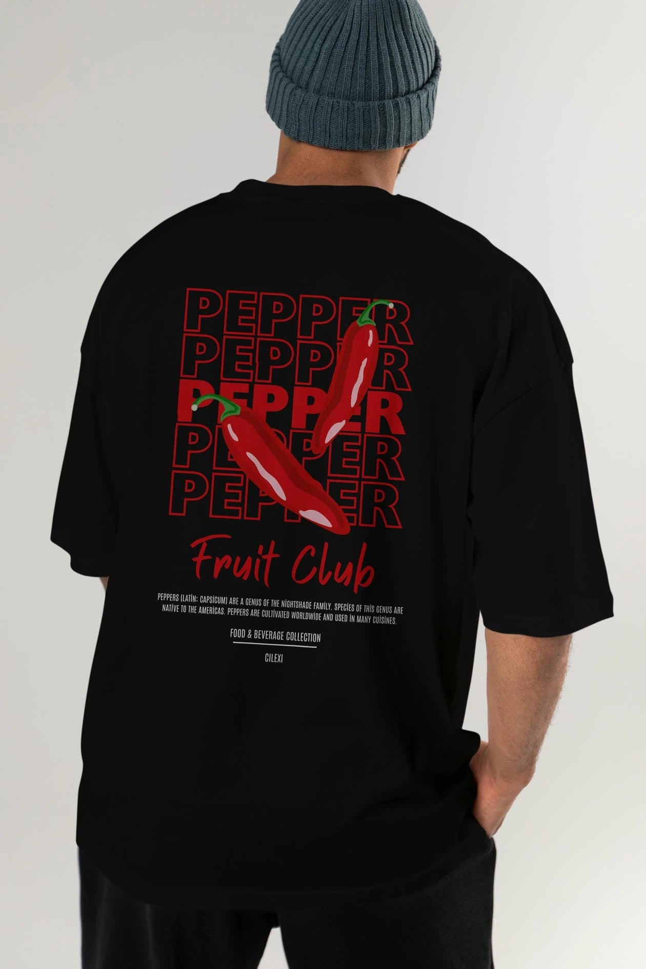 Pepper Arka Baskılı Oversize t-shirt Erkek Kadın Pamuk Bisiklet Yaka tişort