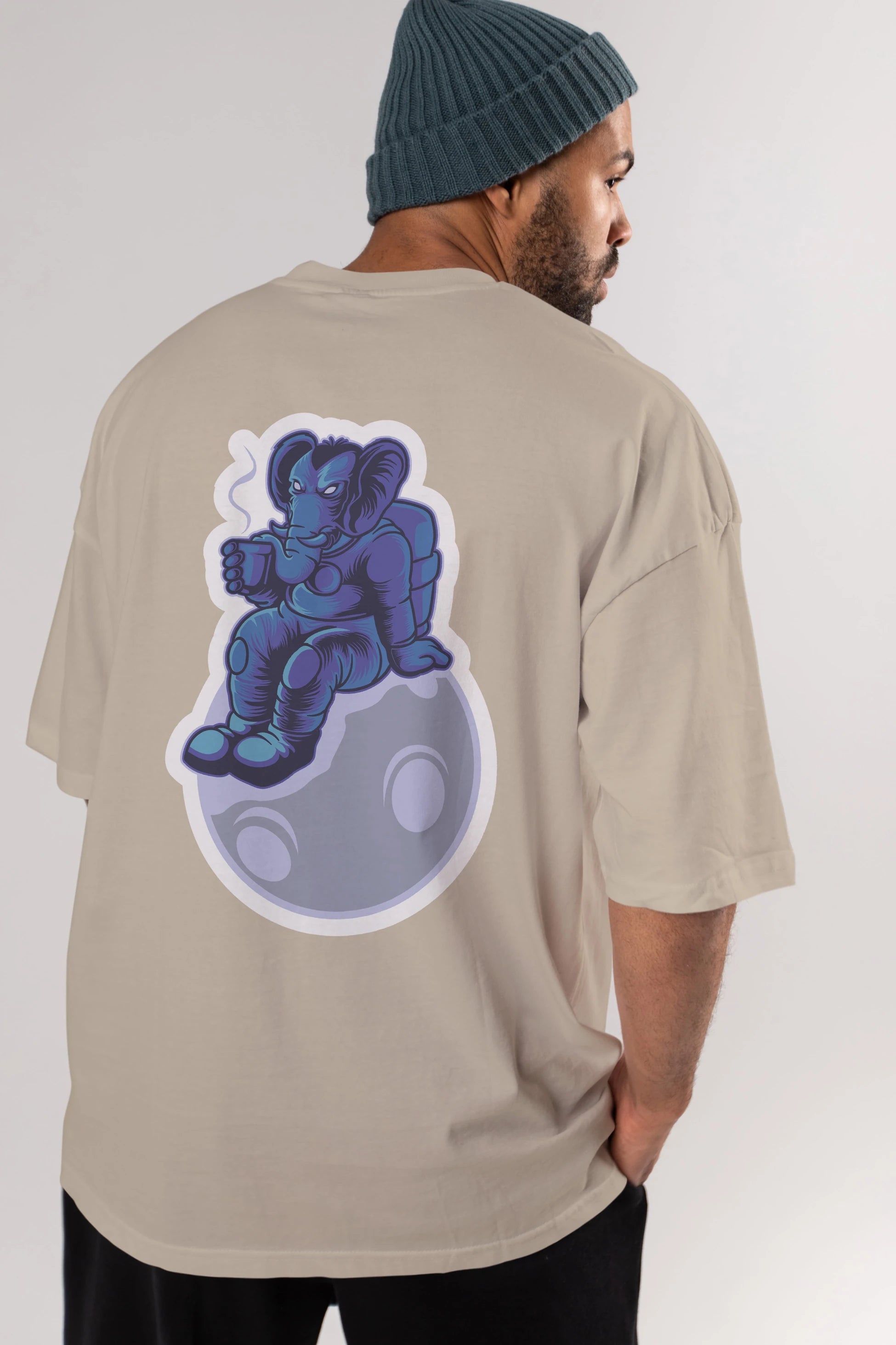 Space Elephant Drink Coffee Sticker Arka Baskılı Oversize t-shirt Erkek Kadın Unisex