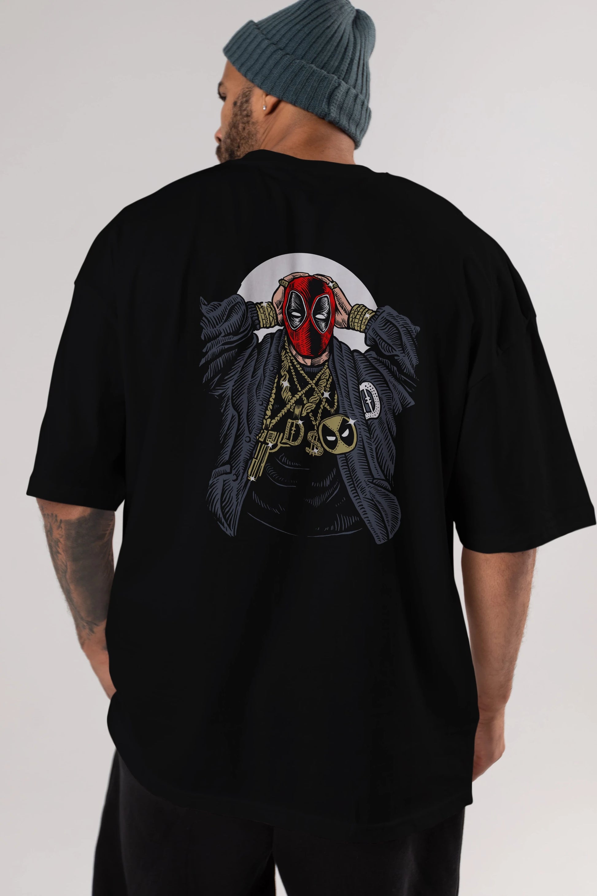 Deadpool Gangsta Arka Baskılı Oversize t-shirt Erkek Kadın Unisex %100 Pamuk