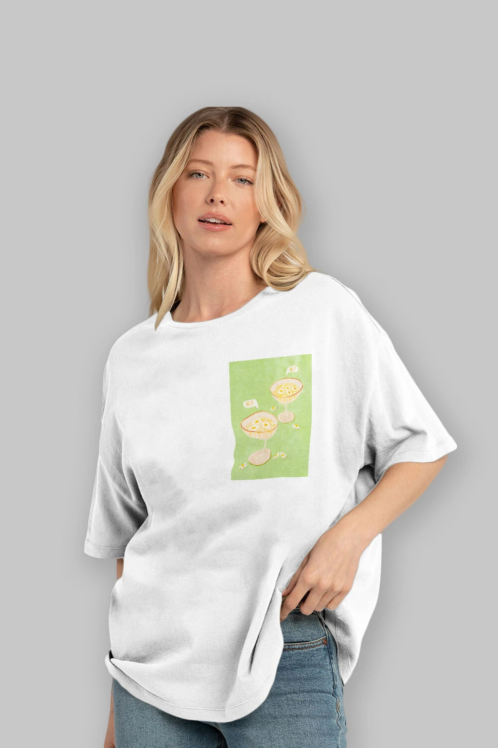 Hi Cheers Ön Sol Baskılı Oversize t-shirt Erkek Kadın Unisex %100 Pamuk Bisiklet Yaka tişort