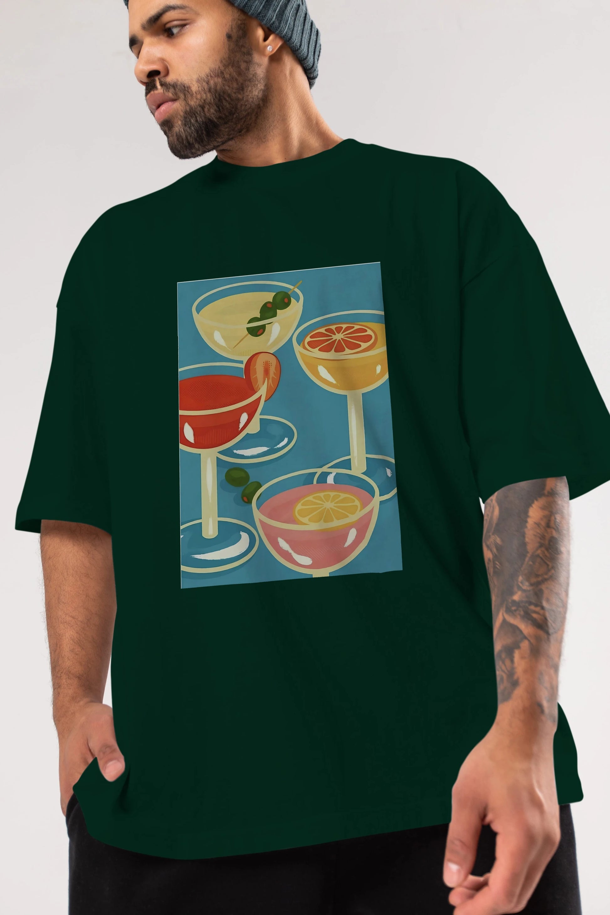 Cocktails Ön Baskılı Oversize t-shirt Erkek Kadın Unisex %100 Pamuk Bisiklet Yaka tişort