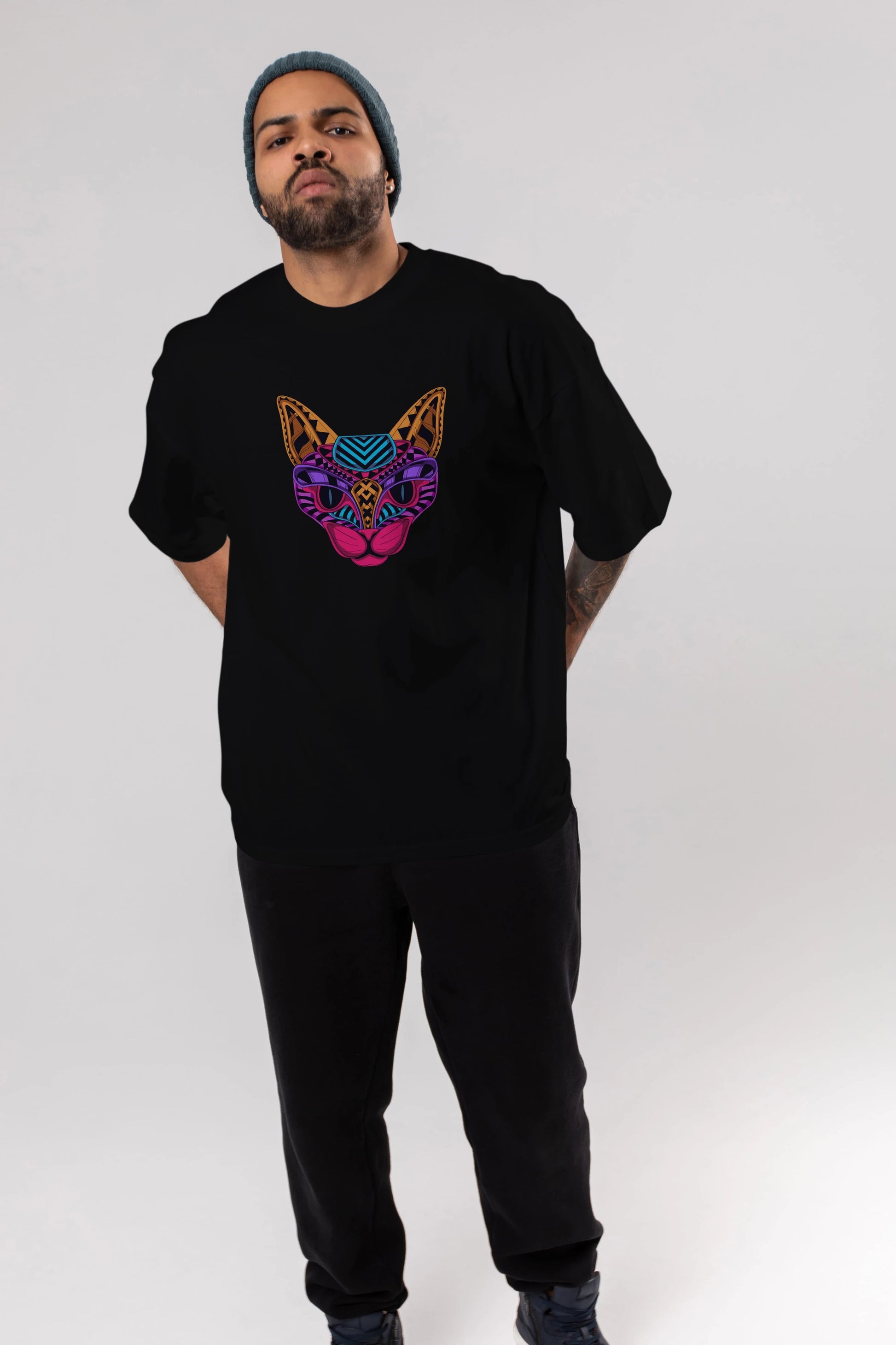 Black Neon Cat Ön Baskılı Oversize t-shirt Erkek Kadın Unisex
