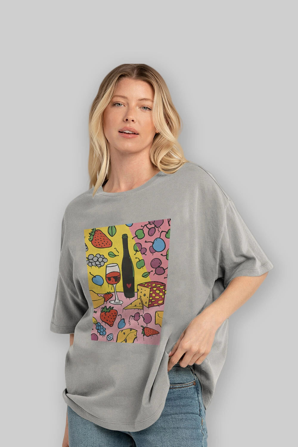 Wine Cheese Fruits Ön Baskılı Oversize t-shirt Erkek Kadın Unisex %100 Pamuk Bisiklet Yaka tişort