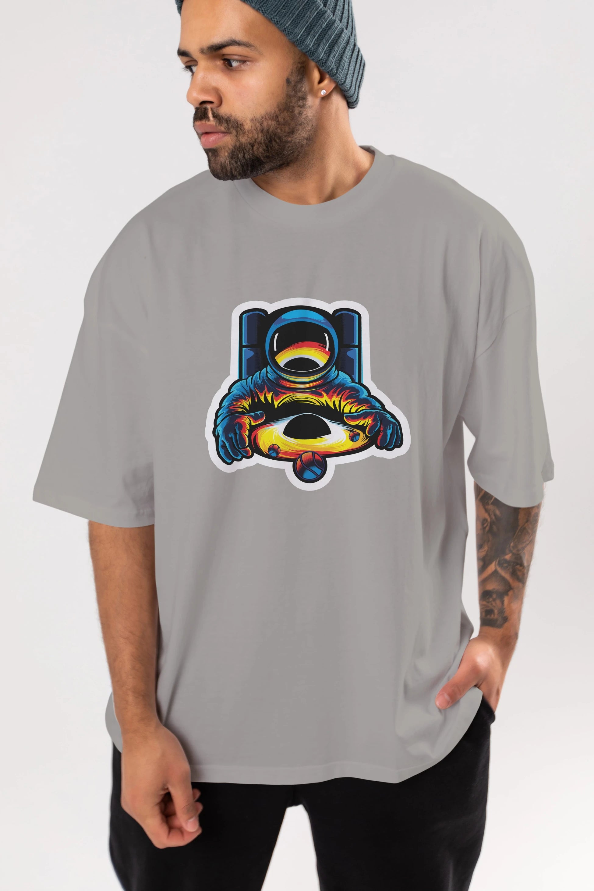 Astronaut & Black Hole Sticker Ön Baskılı Oversize t-shirt Erkek Kadın Unisex