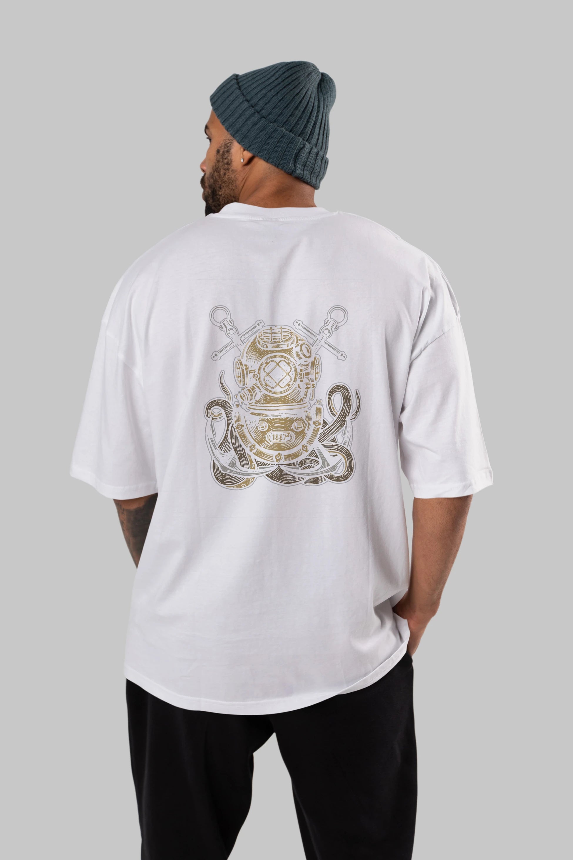 Diver Octopus Arka Baskılı Oversize t-shirt Erkek Kadın Unisex %100 Pamuk