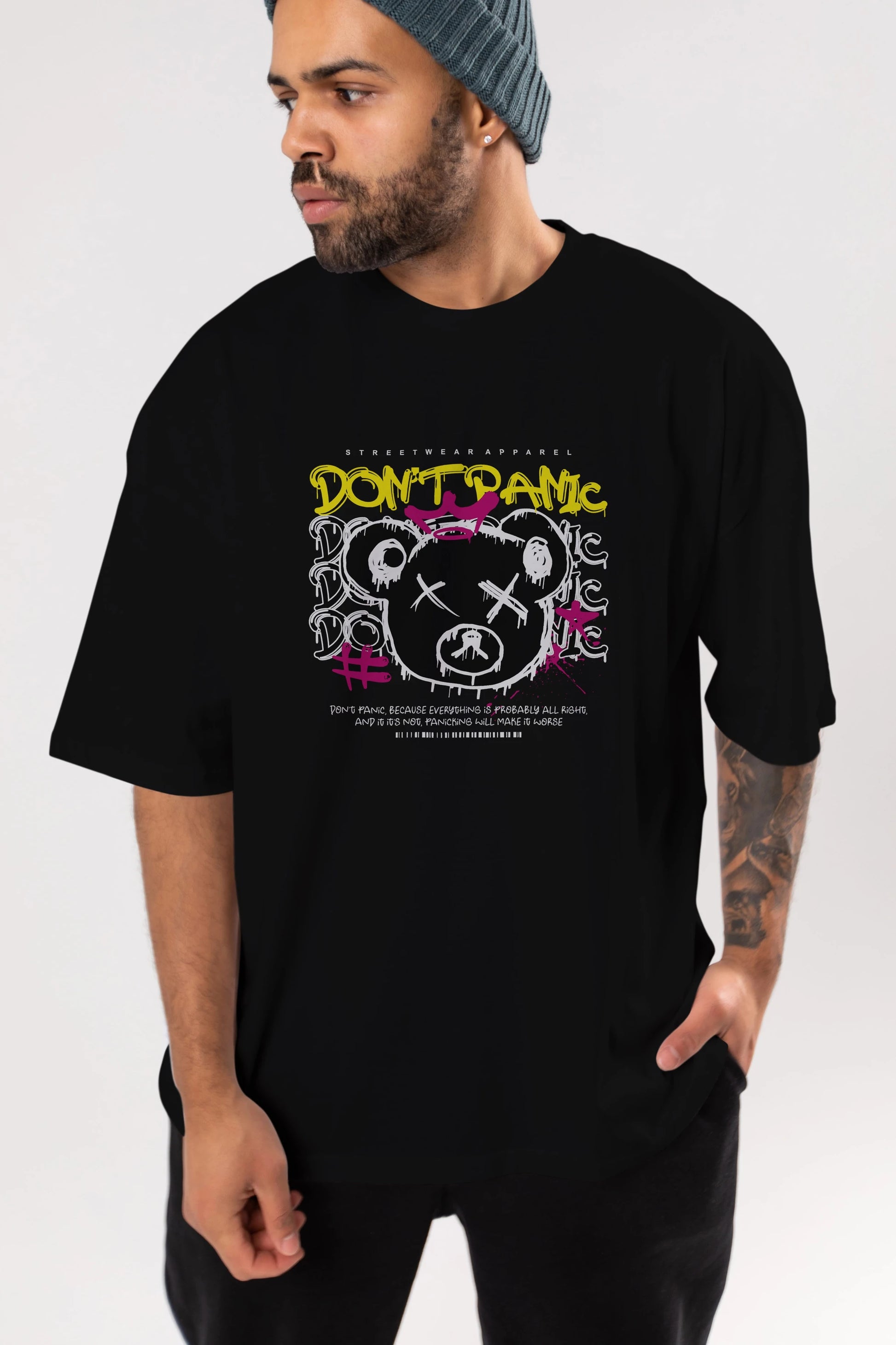 Teddy Bear Dont Panic Ön Baskılı Oversize t-shirt Erkek Kadın Unisex