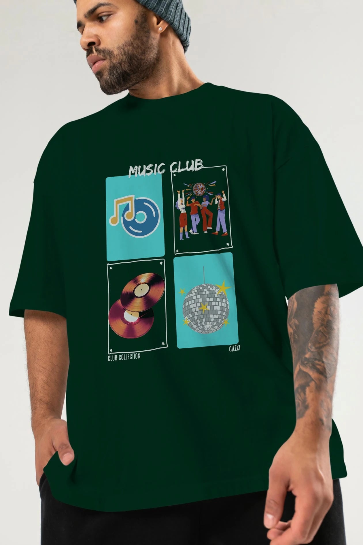 Music Club ön Baskılı Oversize t-shirt Erkek Kadın %100 Pamuk Bisiklet Yaka tişort