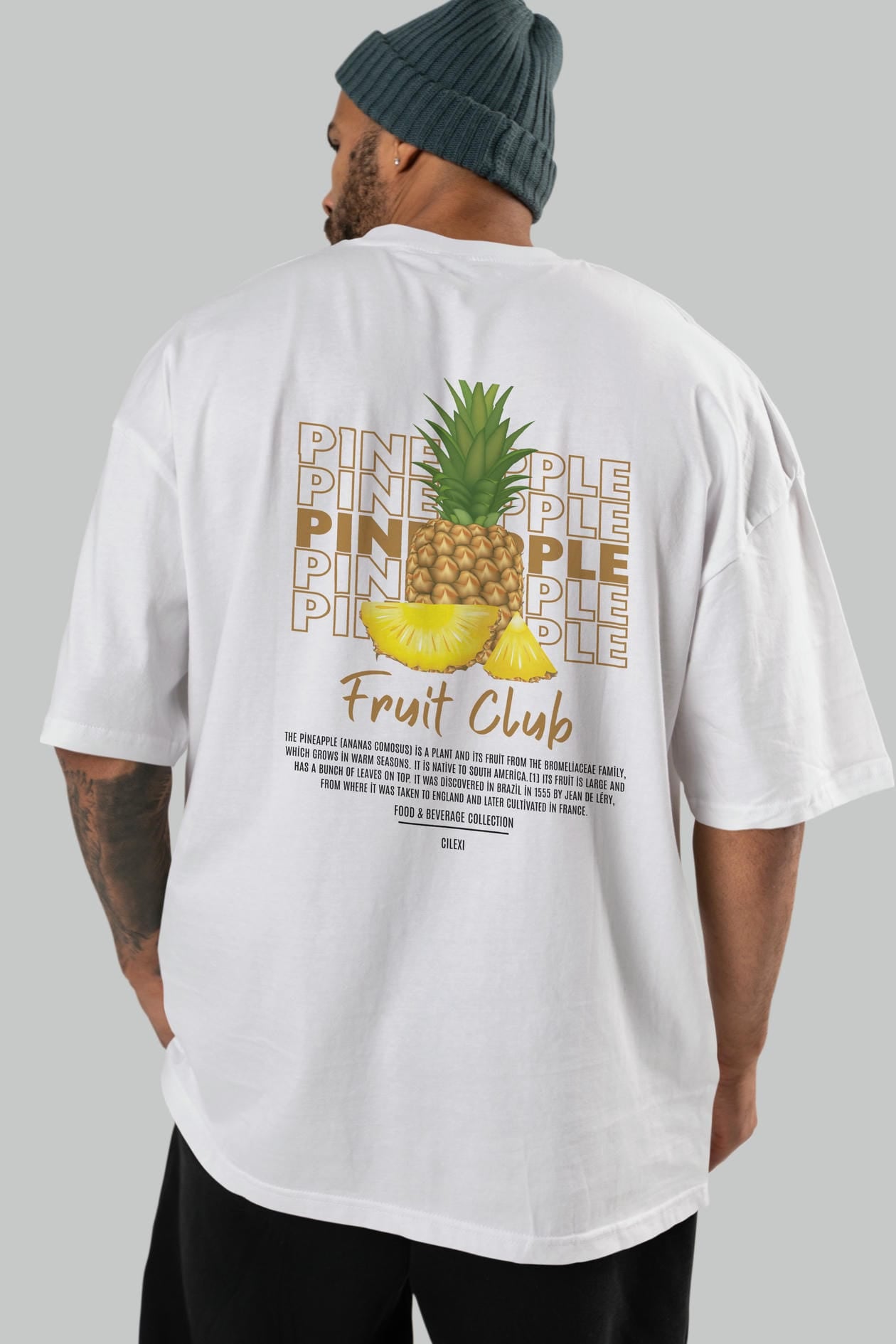 Pineapple Arka Baskılı Oversize t-shirt Erkek Kadın Pamuk Bisiklet Yaka tişort