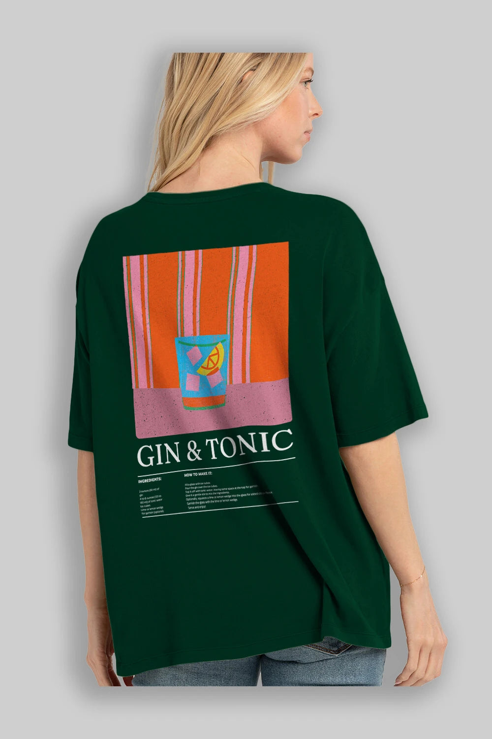 Gin Tonic Kokteyl Serisi Arka Baskılı Oversize t-shirt Erkek Kadın %100 Pamuk Bisiklet Yaka tişort