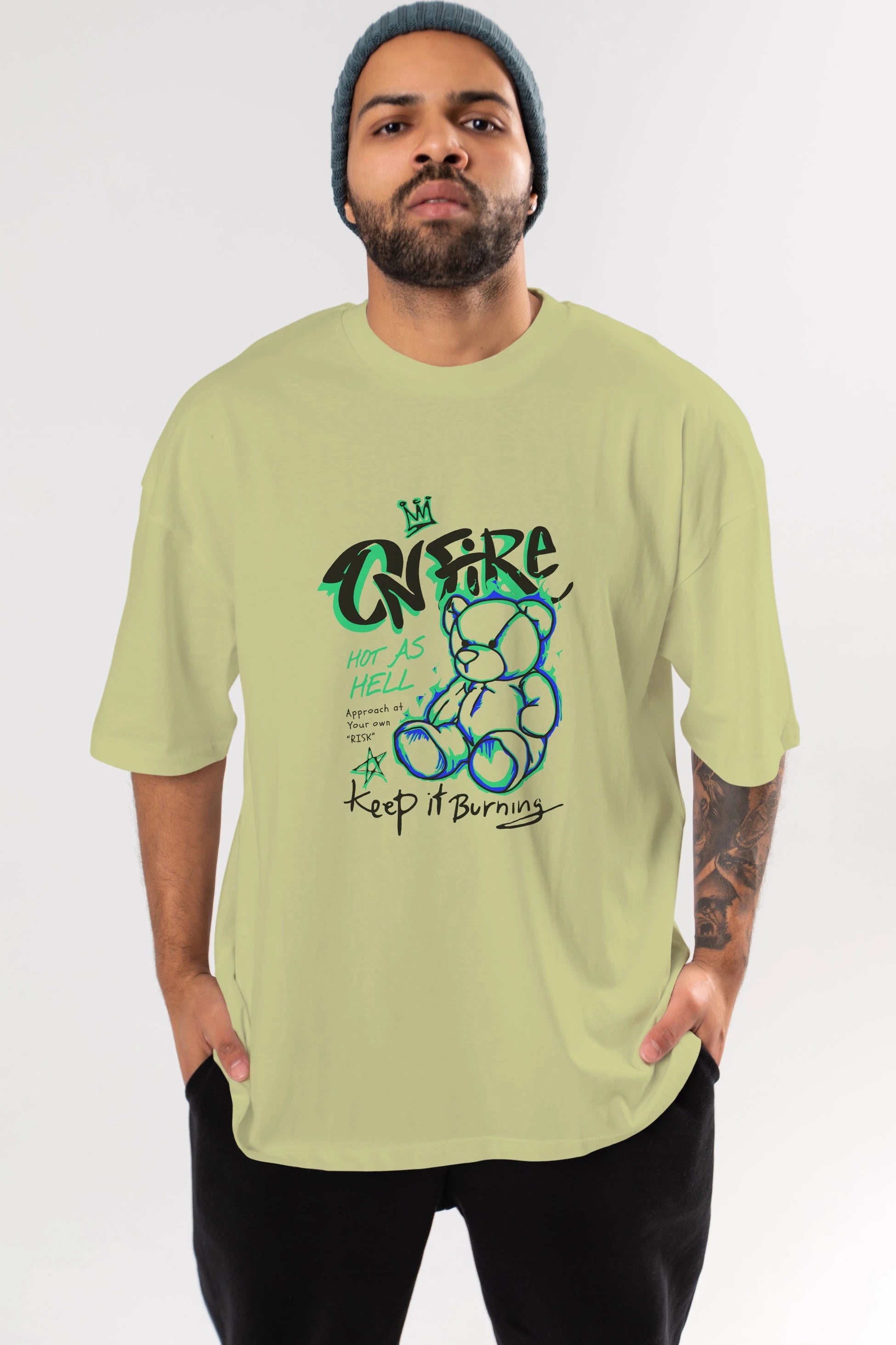 On Fire Bear Ön Baskılı Oversize t-shirt Erkek Kadın Unisex