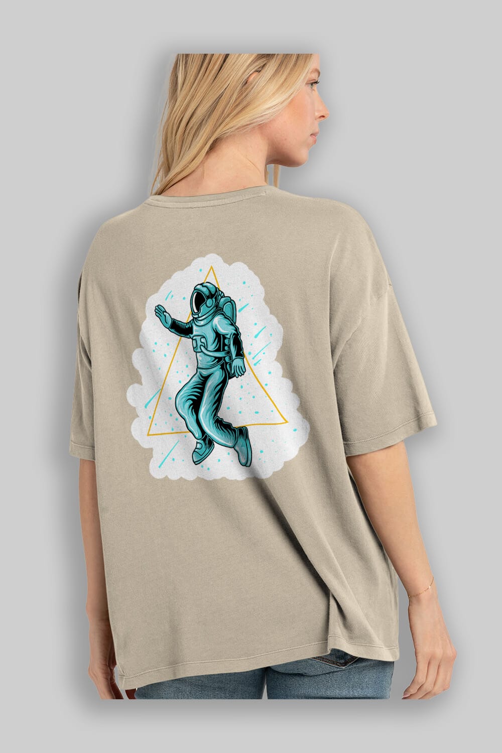 Astronaut Starry Triangle Sticker Arka Baskılı Oversize t-shirt Erkek Kadın Unisex