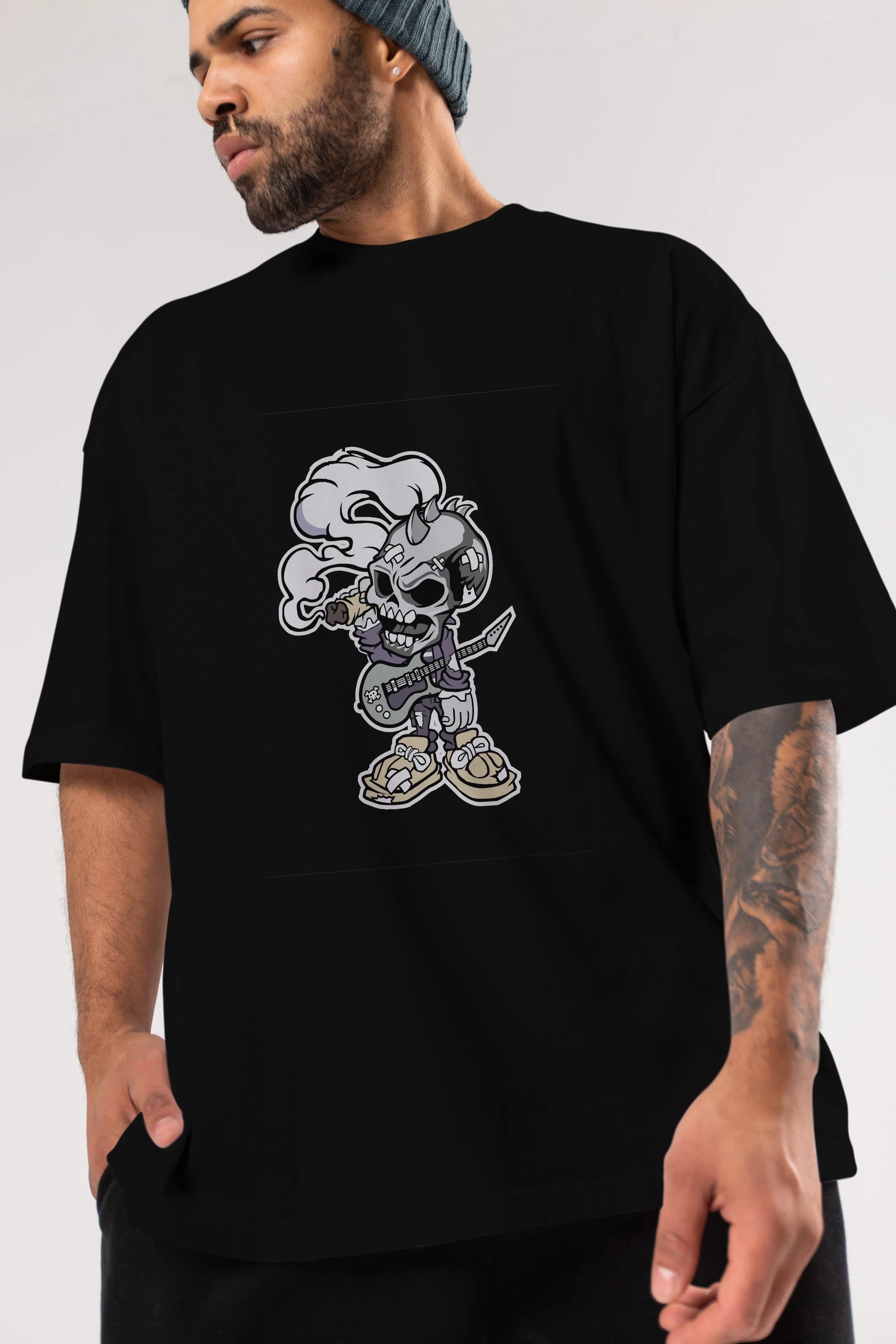 Skull Smoker Punk Rocker Ön Baskılı Oversize t-shirt Erkek Kadın Unisex %100 Pamuk tişort
