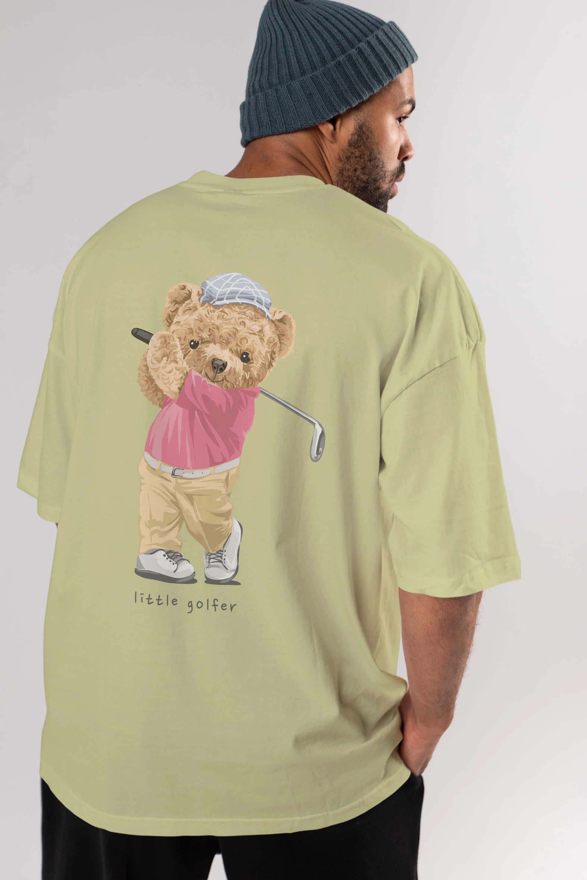 Teddy Bear Little Golfer Arka Baskılı Oversize t-shirt Erkek Kadın Unisex %100 Pamuk
