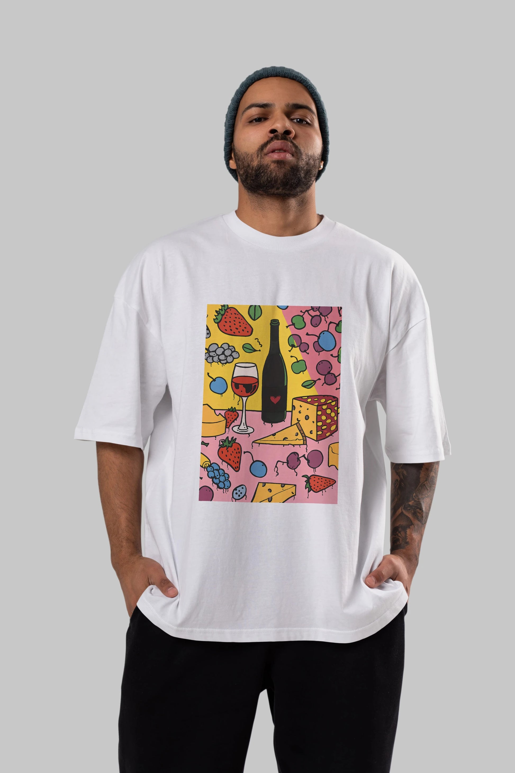 Wine Cheese Fruits Ön Baskılı Oversize t-shirt Erkek Kadın Unisex %100 Pamuk Bisiklet Yaka tişort