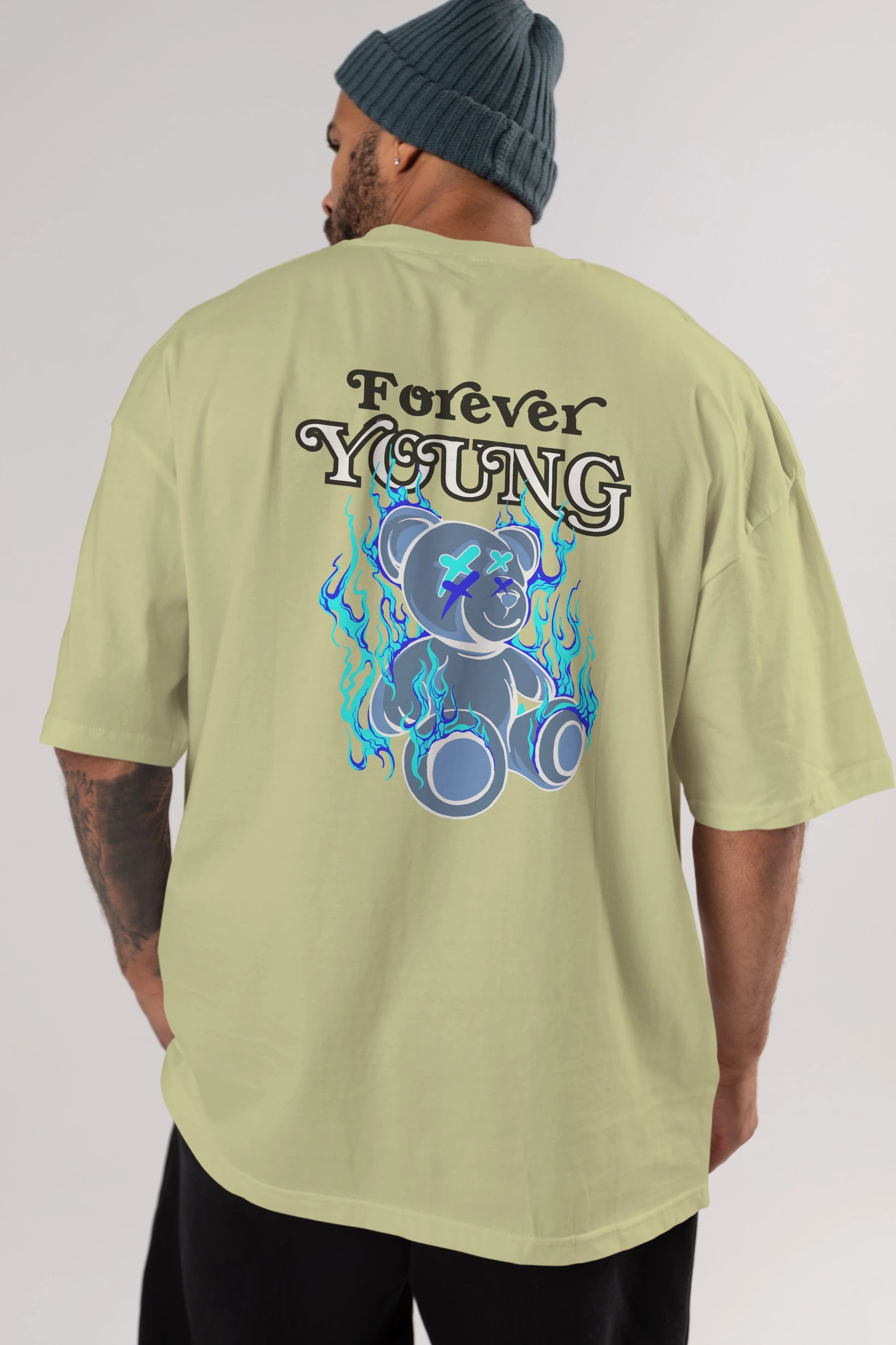 Forever Young Bear Arka Baskılı Oversize t-shirt Erkek Kadın Unisex