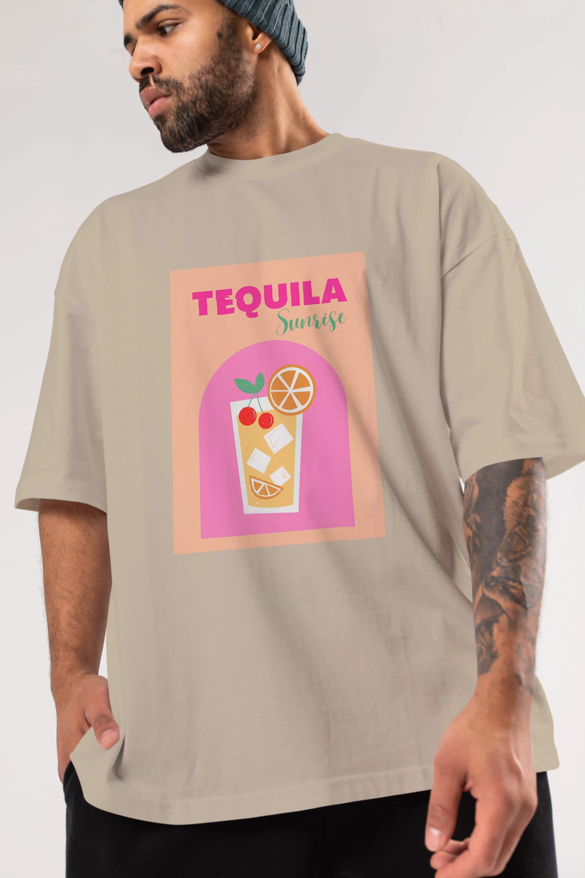 Tequila Sunrise 2 Ön Baskılı Oversize t-shirt Erkek Kadın Unisex %100 Pamuk Bisiklet Yaka tişort
