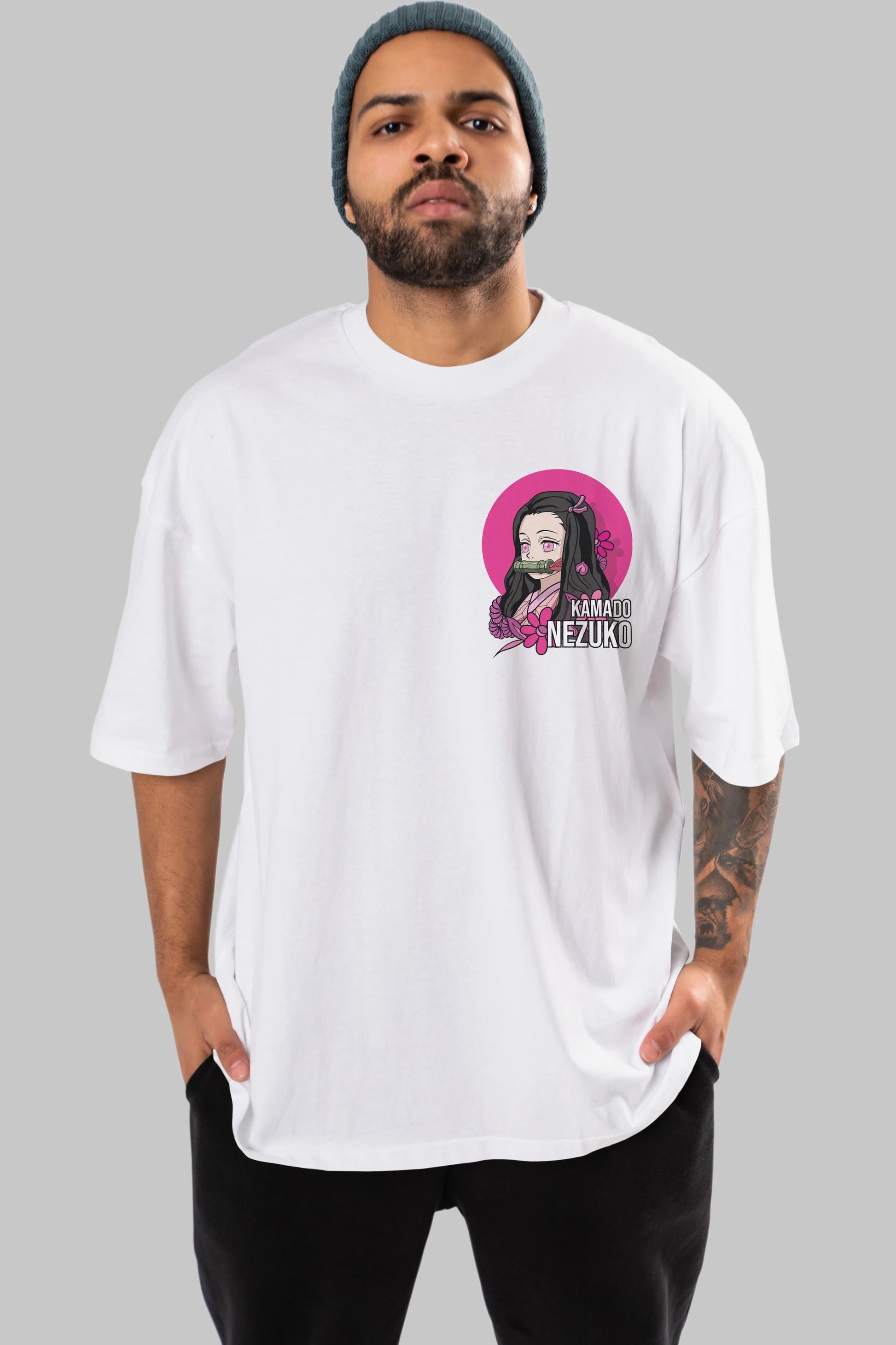 Nezuko Kamado 2 Ön Sol Baskılı Oversize t-shirt Erkek Kadın Unisex %100 Pamuk Bisiklet Yaka tişort