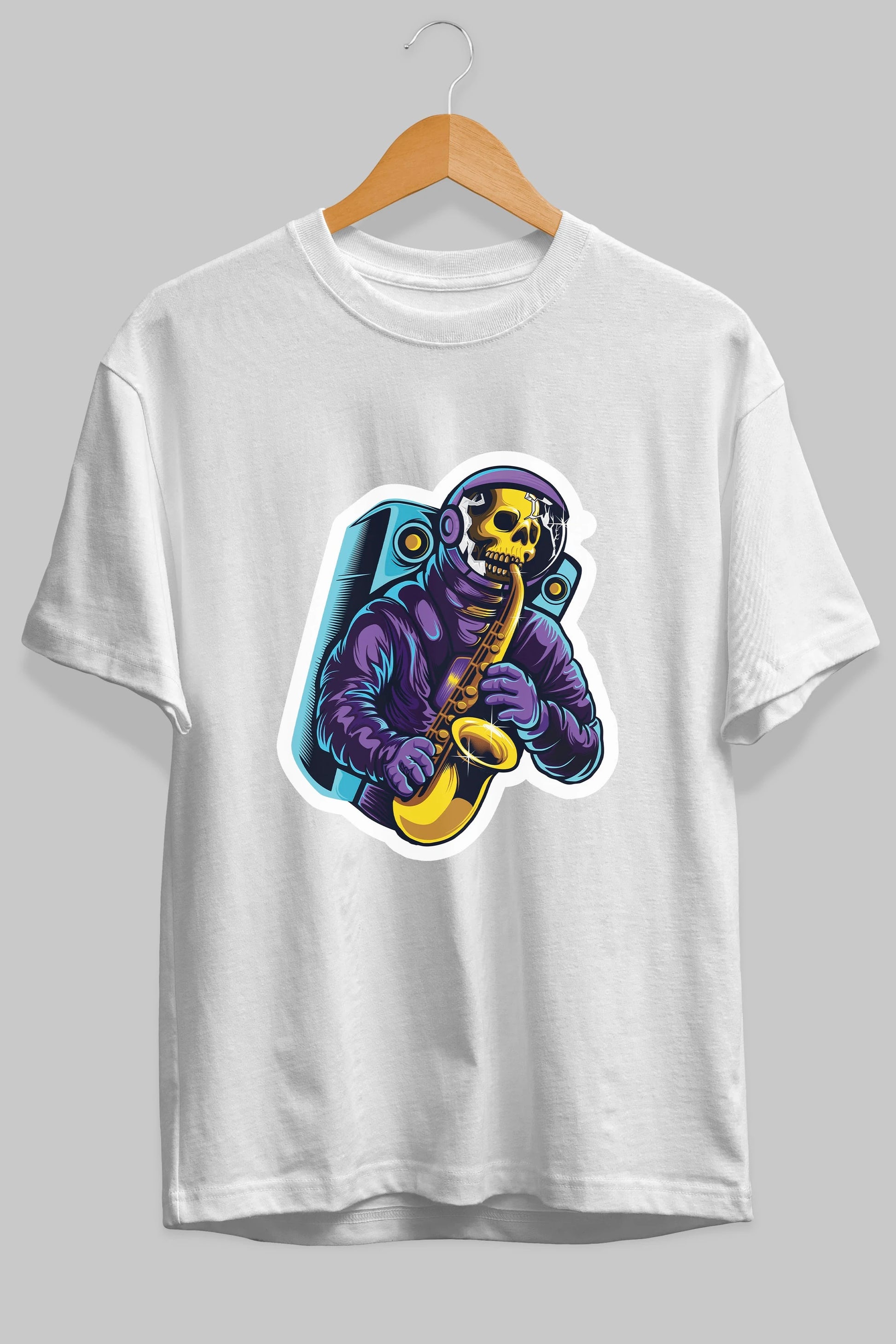 Astroskull Saxophonist Sticker Ön Baskılı Oversize t-shirt Erkek Kadın Unisex