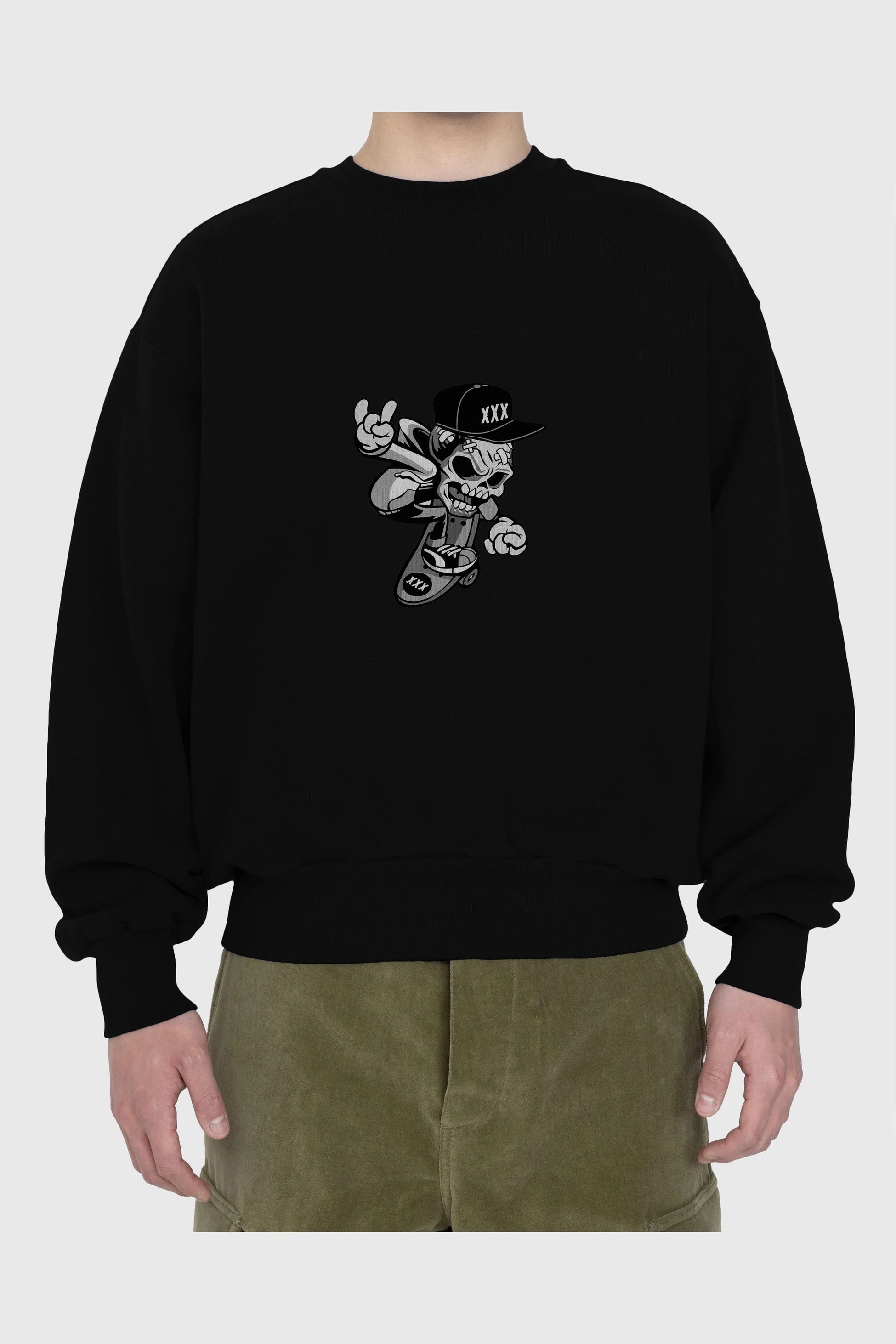 Skull Skateboard Ön Baskılı Oversize Sweatshirt Erkek Kadın Unisex