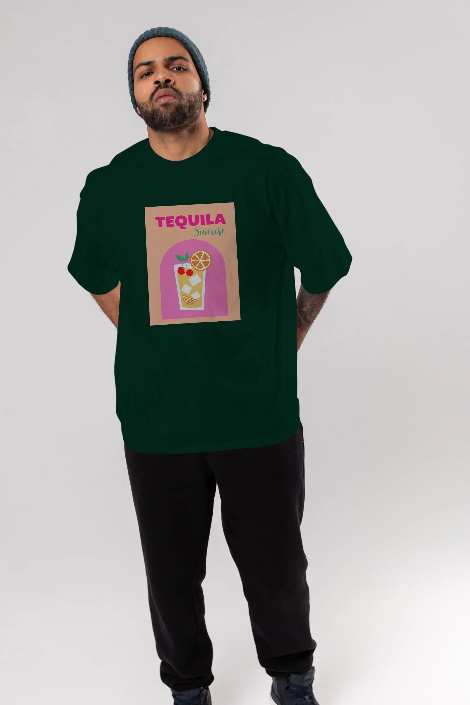 Tequila Sunrise 2 Ön Baskılı Oversize t-shirt Erkek Kadın Unisex %100 Pamuk Bisiklet Yaka tişort