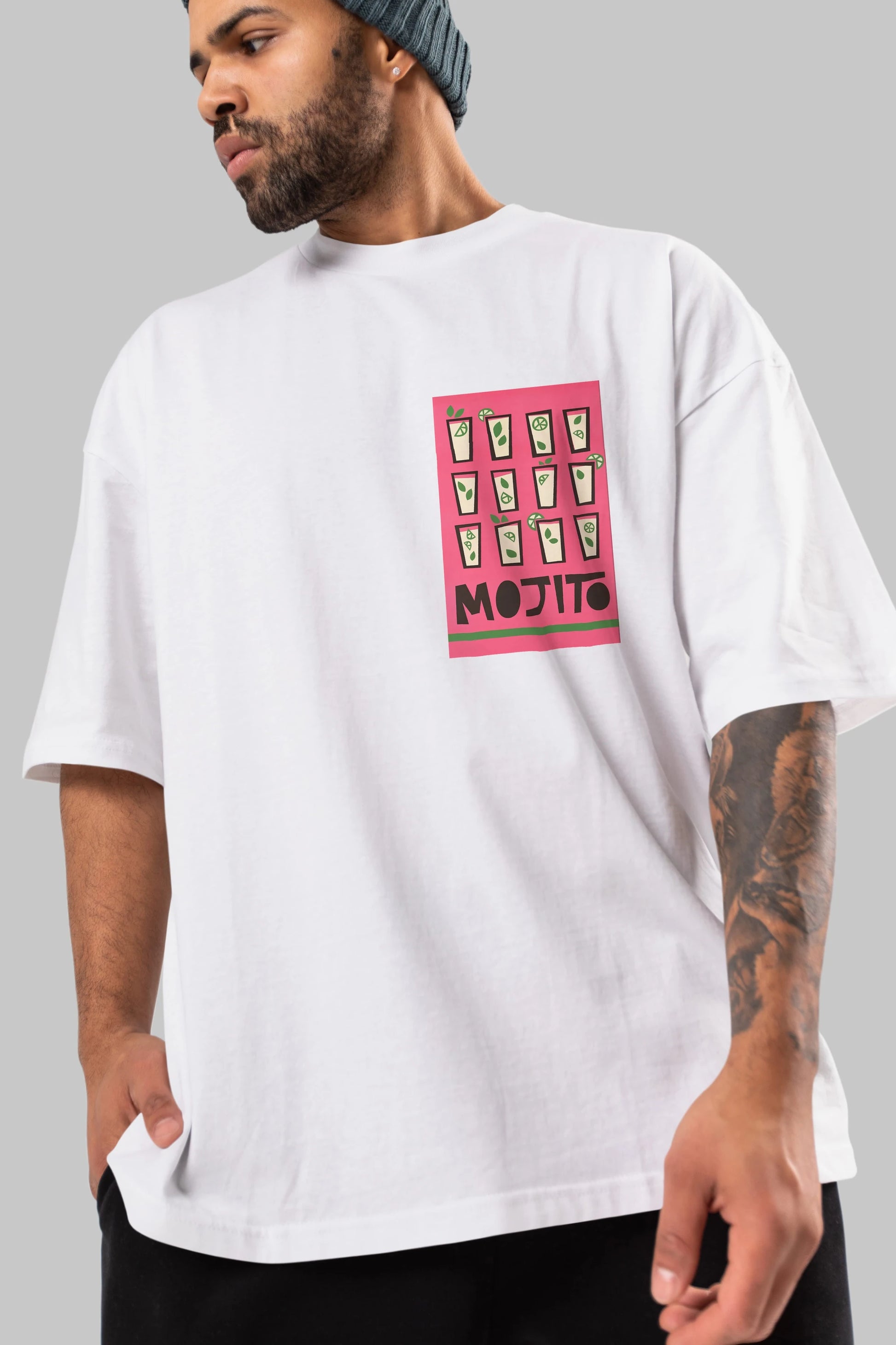 Mojito Ön Sol Baskılı Oversize t-shirt Erkek Kadın Unisex %100 Pamuk Bisiklet Yaka tişort