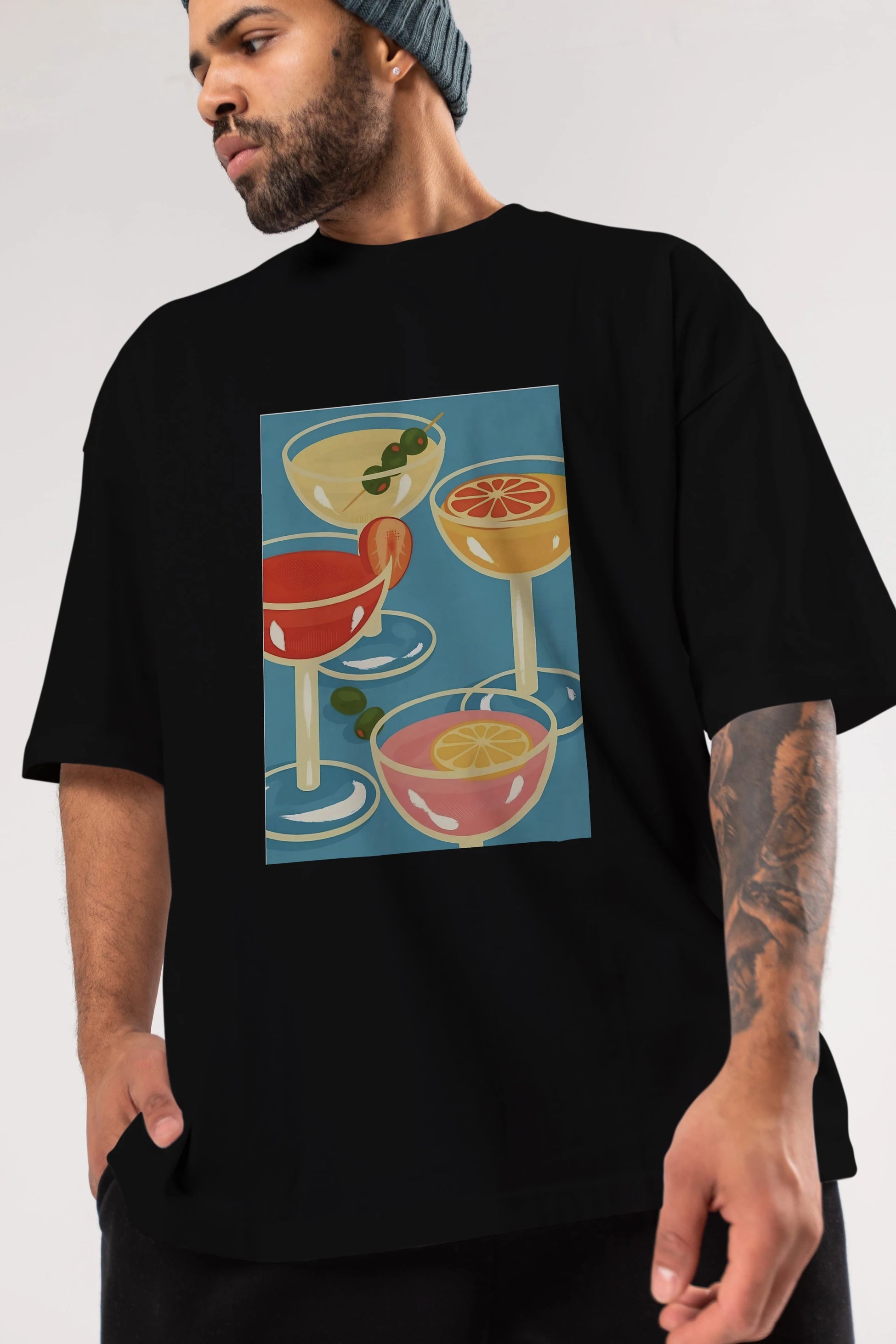Cocktails Ön Baskılı Oversize t-shirt Erkek Kadın Unisex %100 Pamuk Bisiklet Yaka tişort