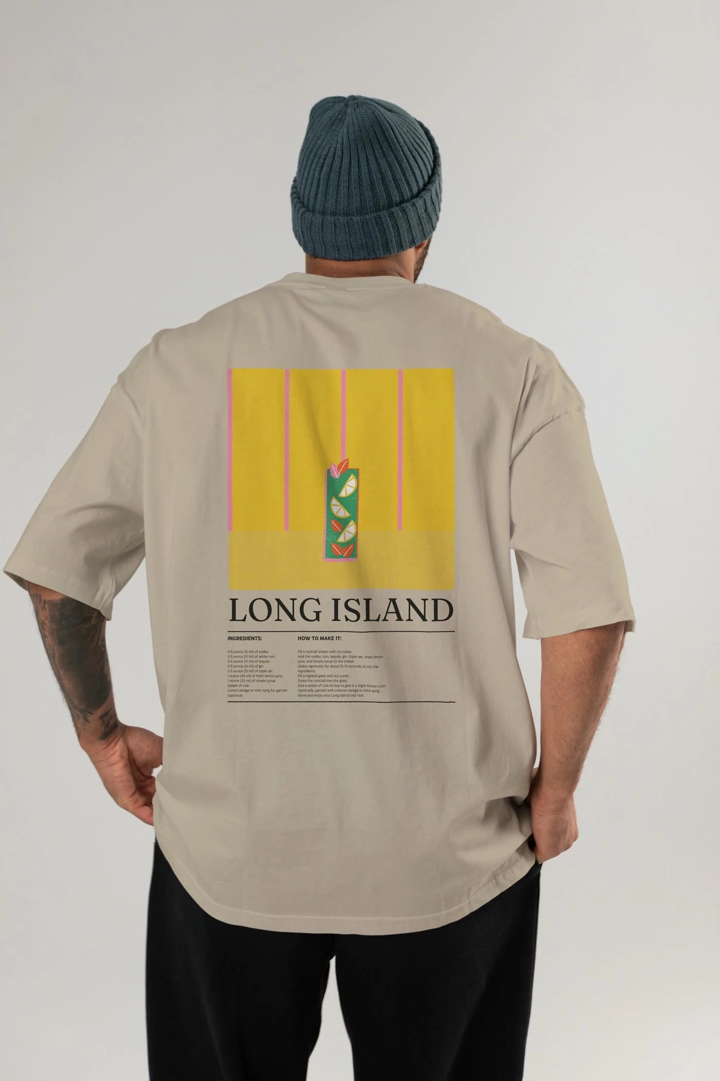 Long Island Kokteyl Serisi Arka Baskılı Oversize t-shirt Erkek Kadın %100 Pamuk Bisiklet Yaka tişort