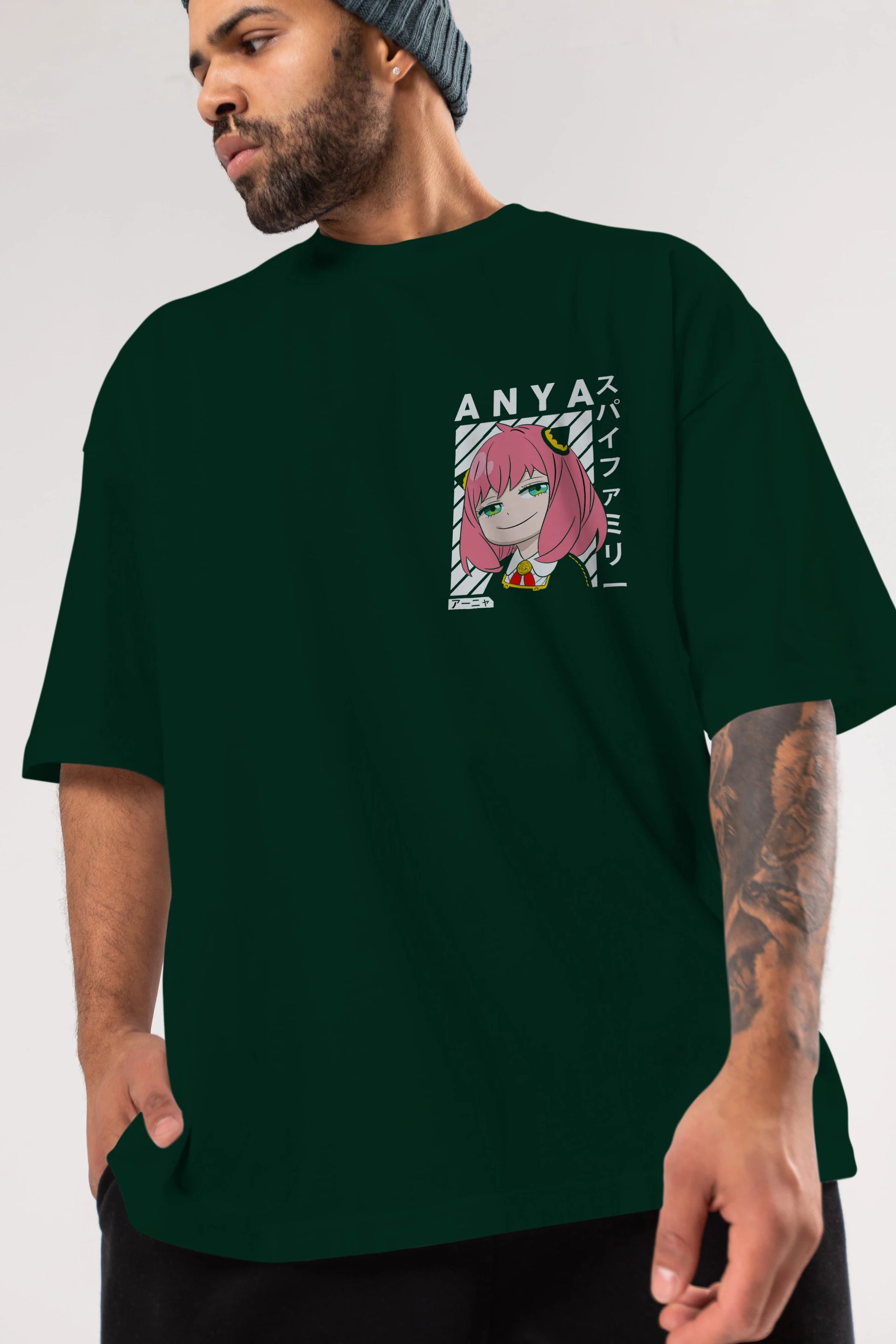 Anya SPYX FAMILY Ön Sol Baskılı Oversize t-shirt Erkek Kadın Unisex %100 Pamuk Bisiklet Yaka tişort