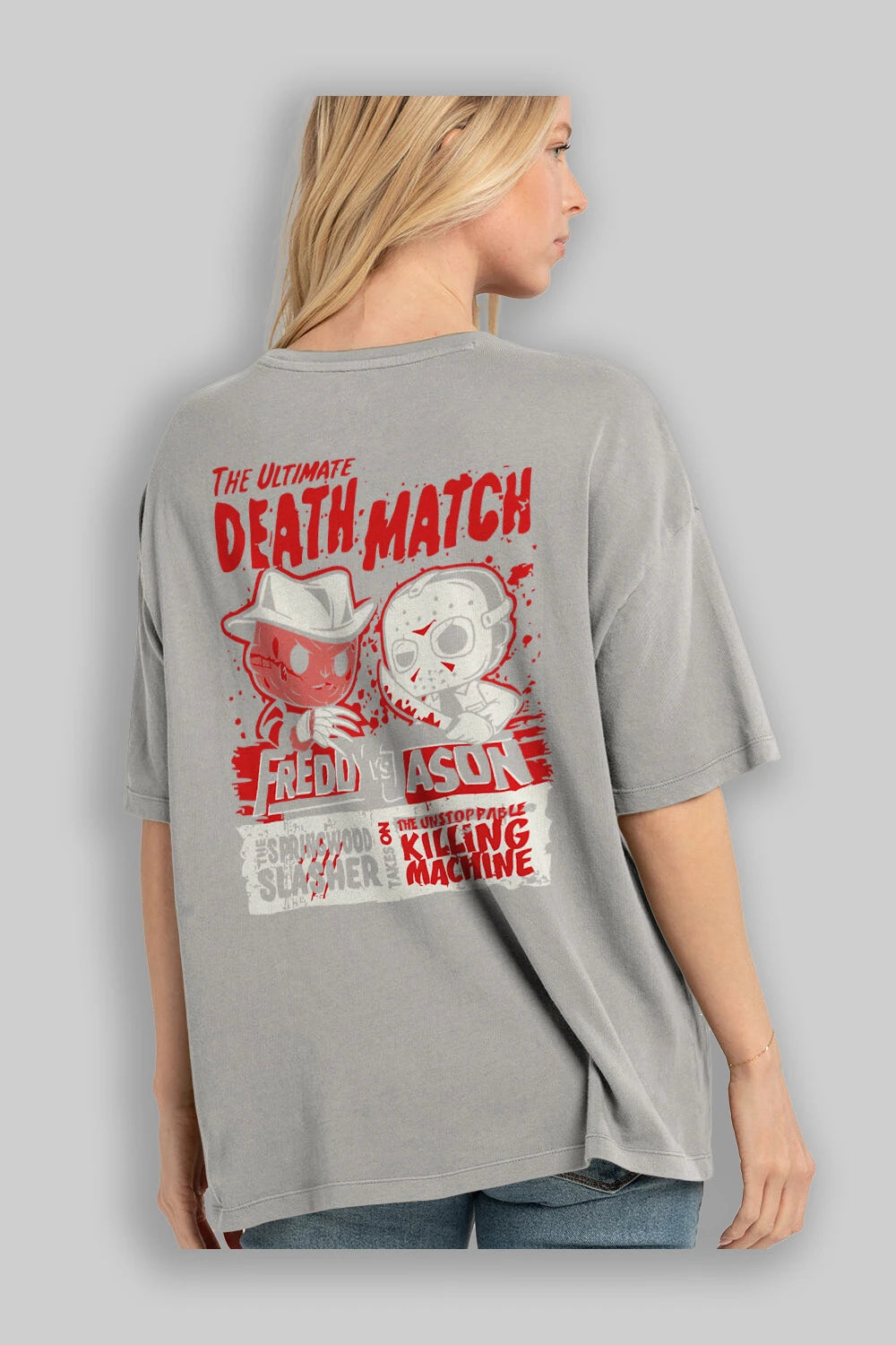 Freddy vs Jason Arka Baskılı Oversize t-shirt Erkek Kadın Unisex %100 Pamuk Bisiklet Yaka tişort