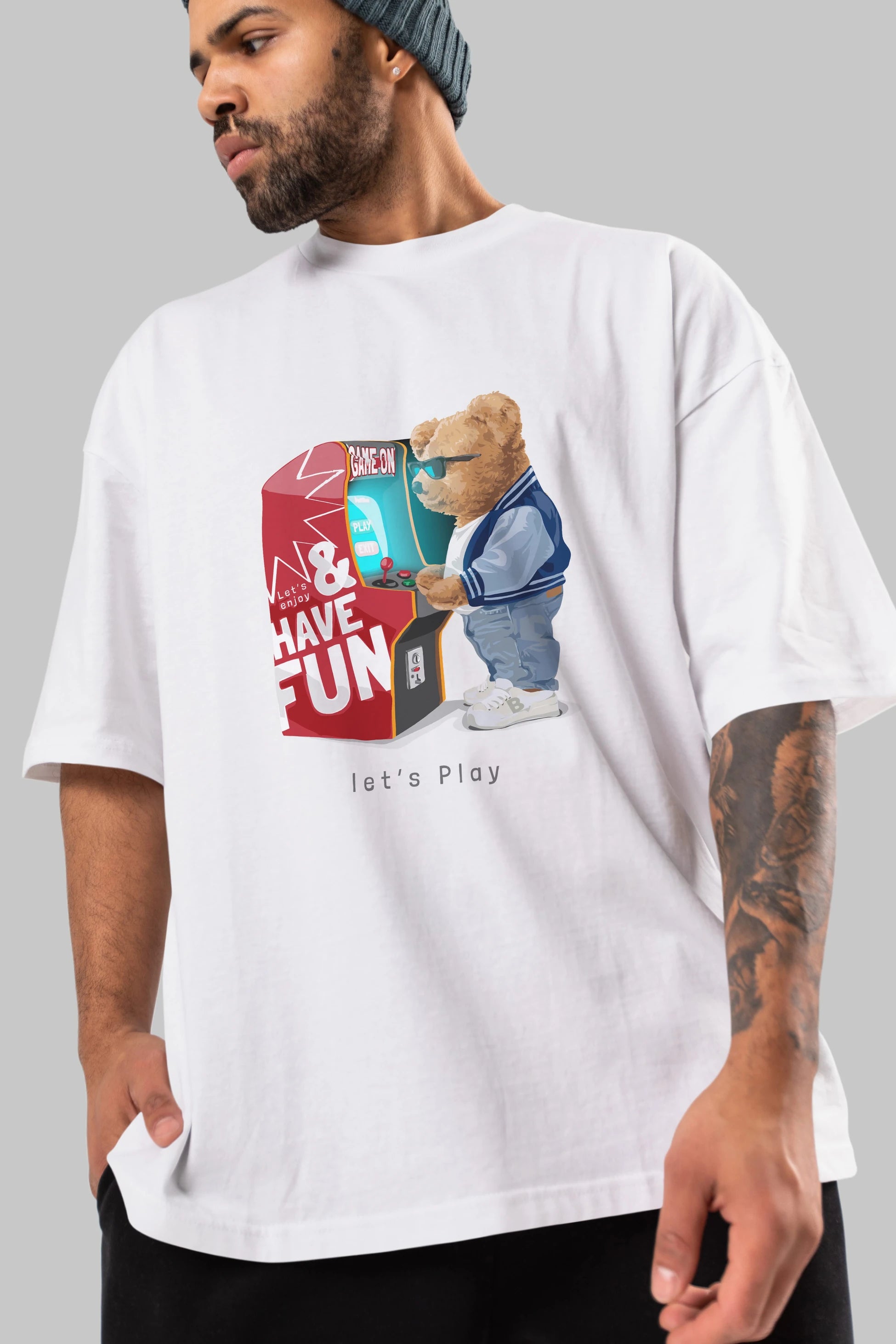 Teddy Bear Lets Play Ön Baskılı Oversize t-shirt Erkek Kadın Unisex %100 Pamuk