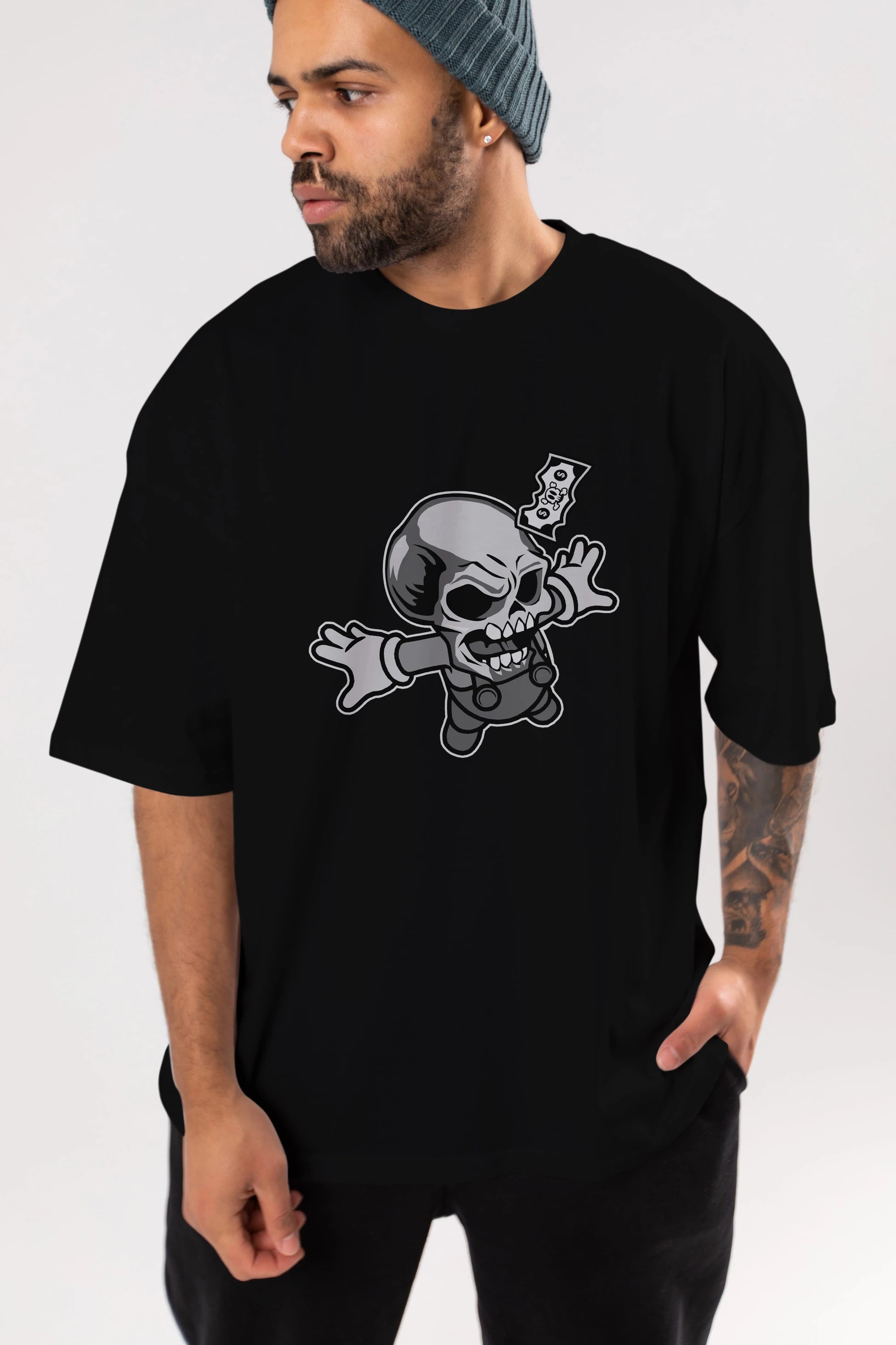 Skull Drowning Ön Baskılı Oversize t-shirt Erkek Kadın Unisex %100 Pamuk tişort