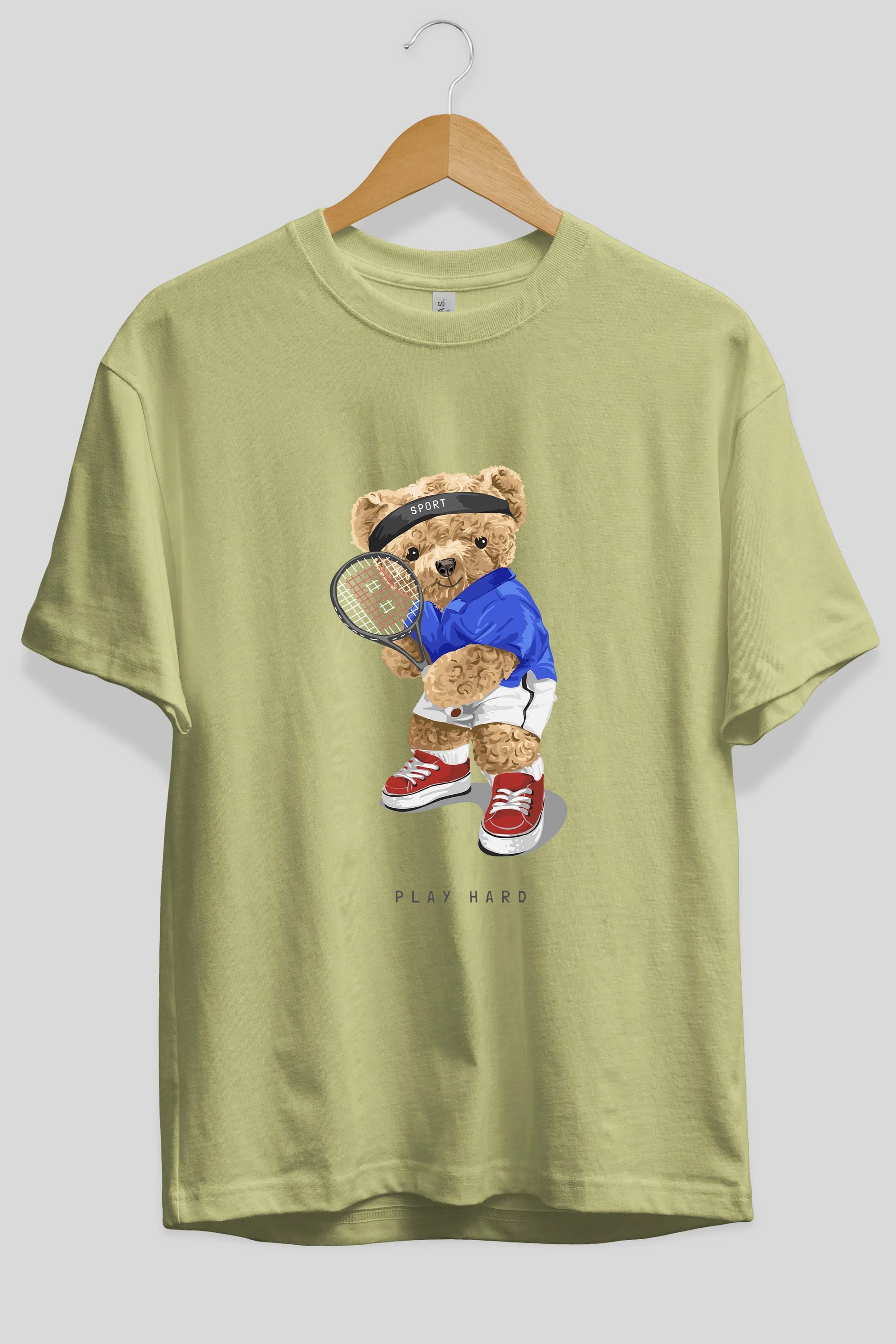 Teddy Bear Play Hard Ön Baskılı Oversize t-shirt Erkek Kadın Unisex %100 Pamuk