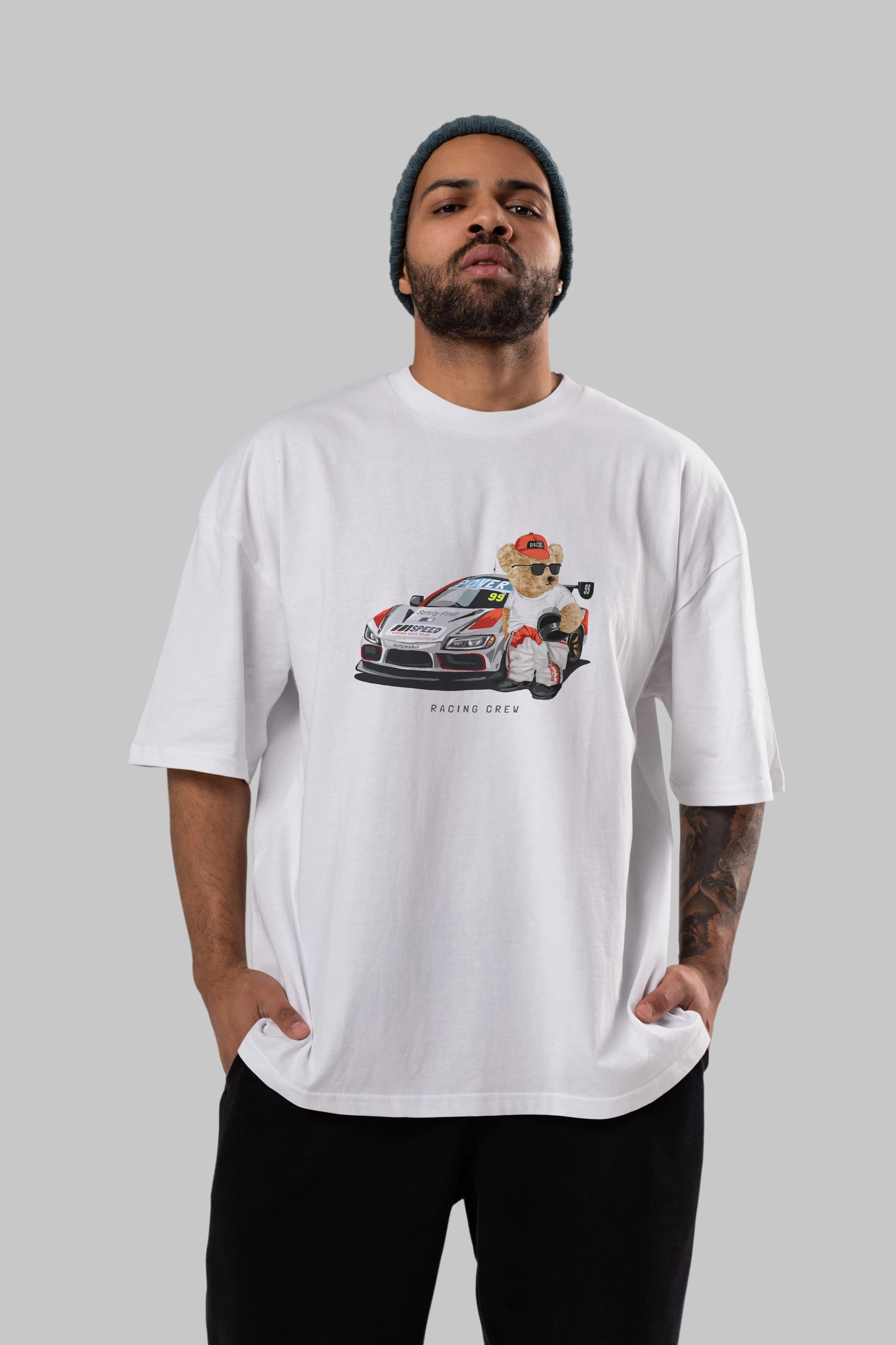 Teddy Bear Racing Crew Ön Baskılı Oversize t-shirt Erkek Kadın Unisex %100 Pamuk