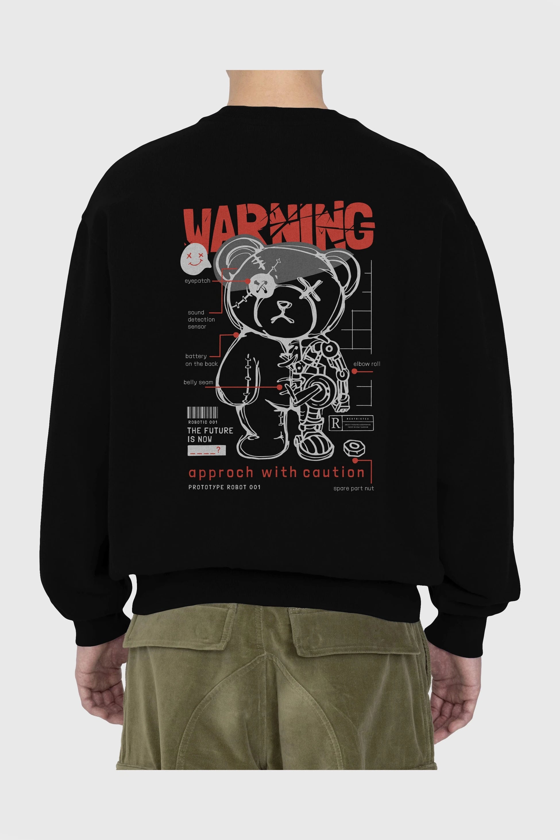 Teddy Bear Warning Arka Baskılı Oversize Sweatshirt Erkek Kadın Unisex