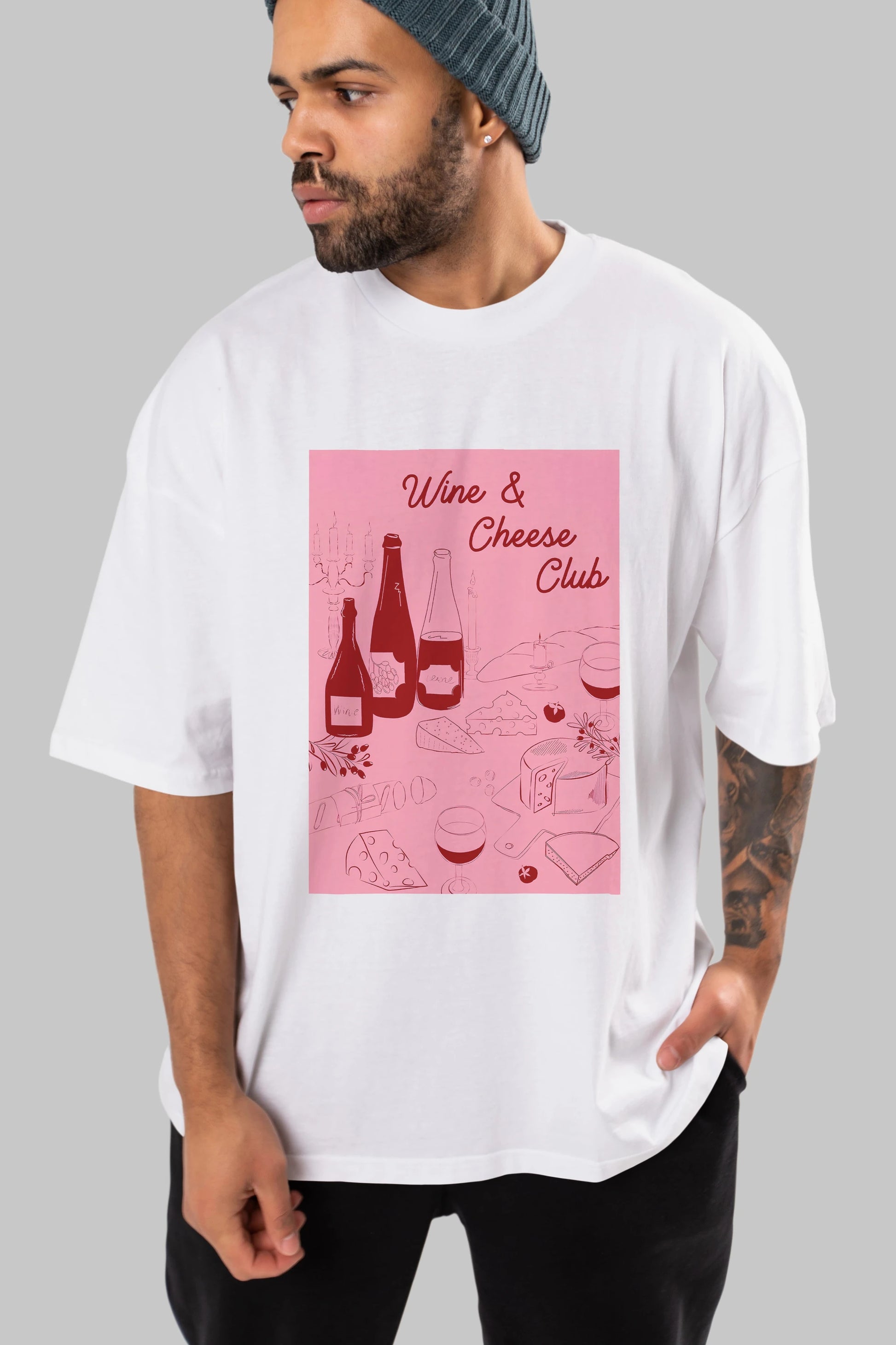 Wine Cheese Club Ön Baskılı Oversize t-shirt Erkek Kadın Unisex %100 Pamuk Bisiklet Yaka tişort