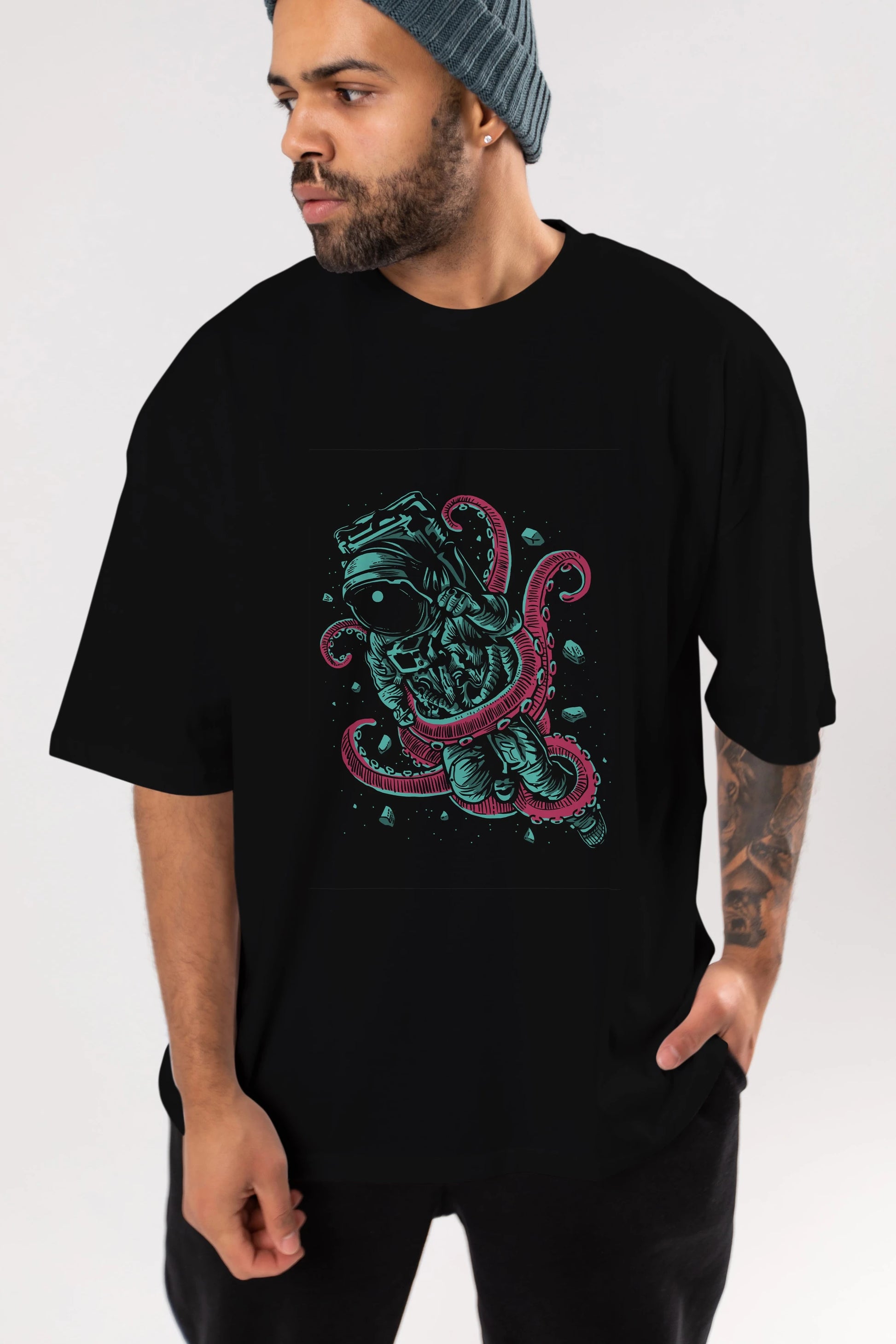 Astronaut Octopus Ön Baskılı Oversize t-shirt Erkek Kadın Unisex %100 Pamuk tişort