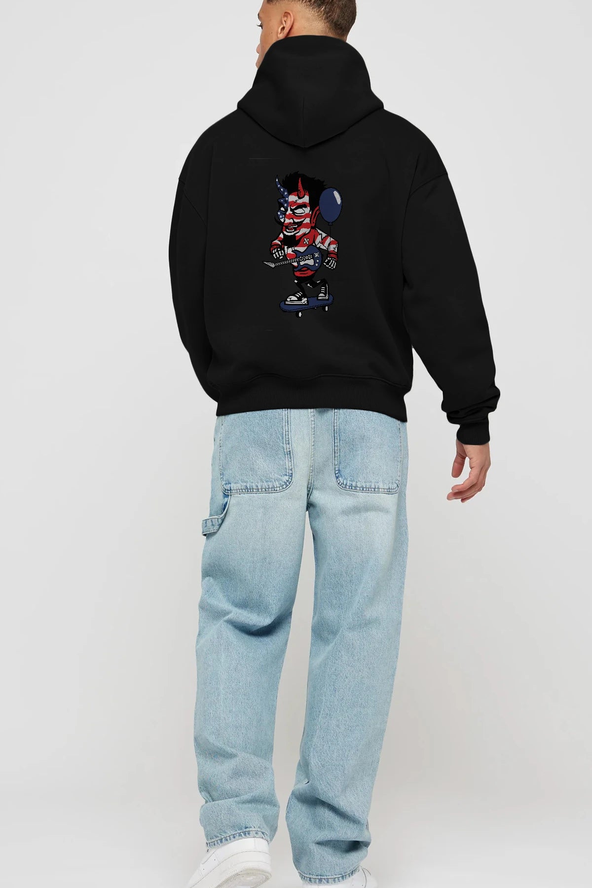 American Devil Skater Arka Baskılı Hoodie Oversize Kapüşonlu Sweatshirt Erkek Kadın Unisex