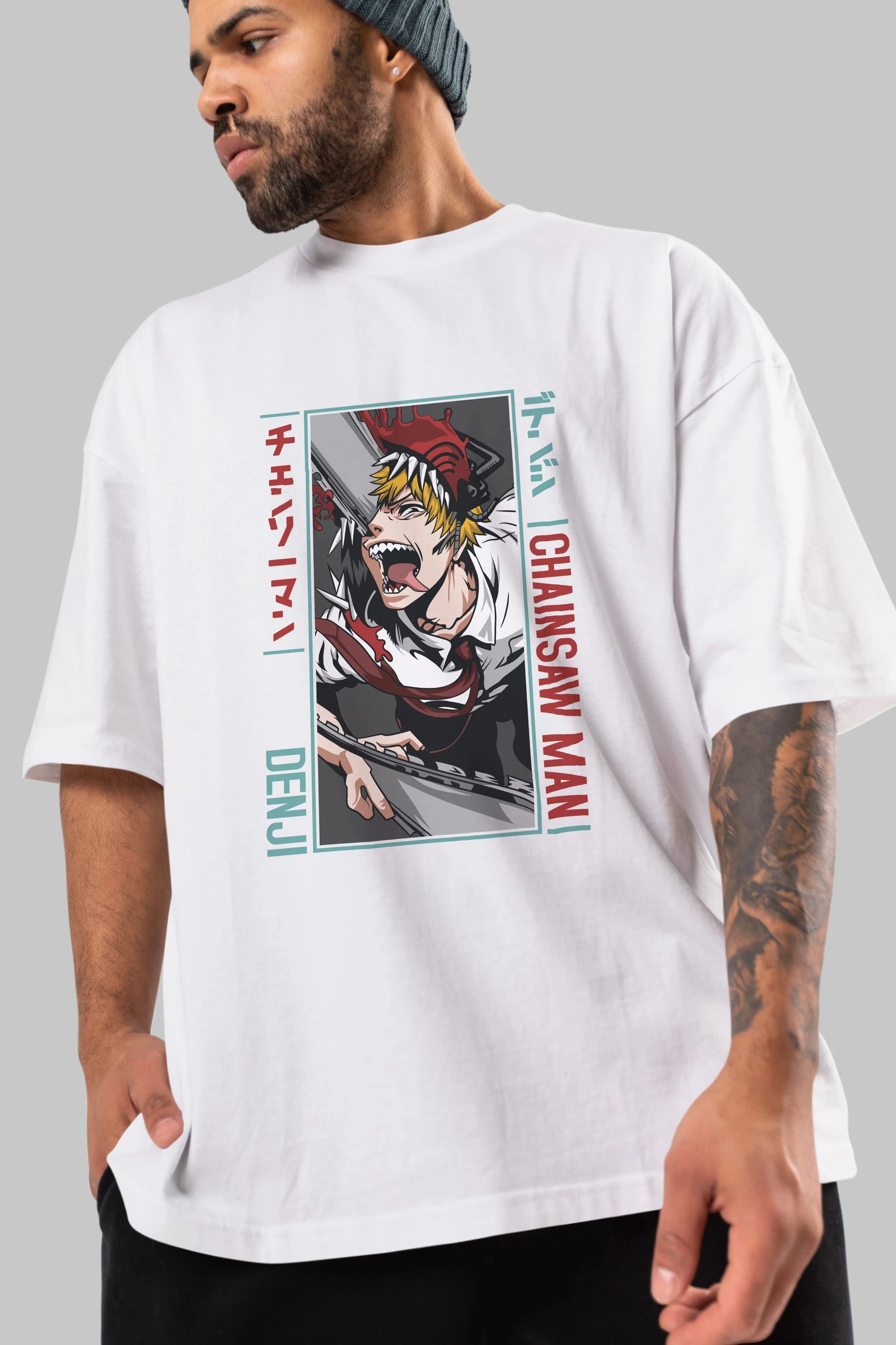 Denji Chainsaw Man Anime Ön Baskılı Oversize t-shirt %100 pamuk Erkek Kadın Unisex