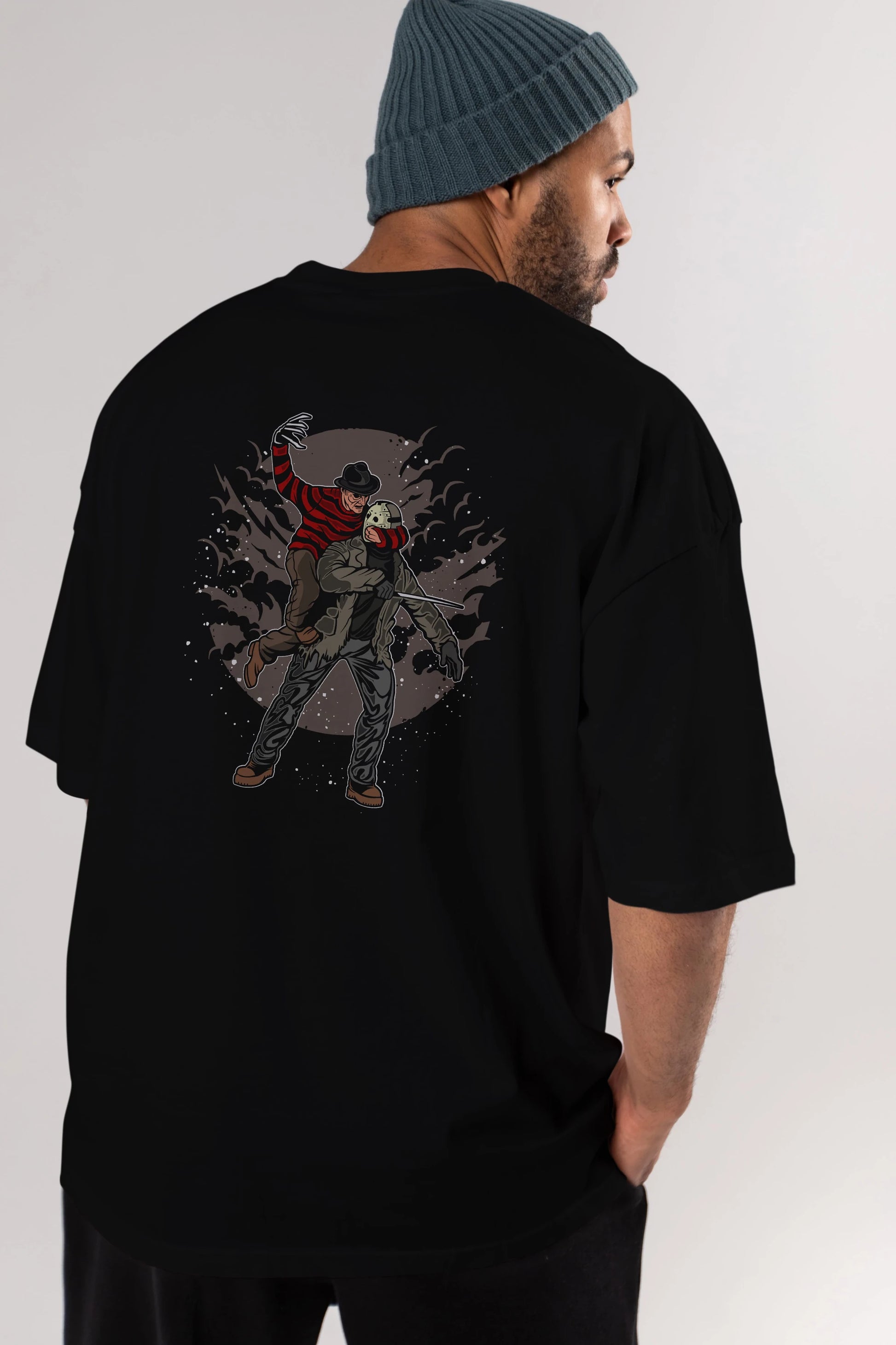FREDDY VS JASON Arka Baskılı Oversize t-shirt Erkek Kadın Unisex %100 Pamuk